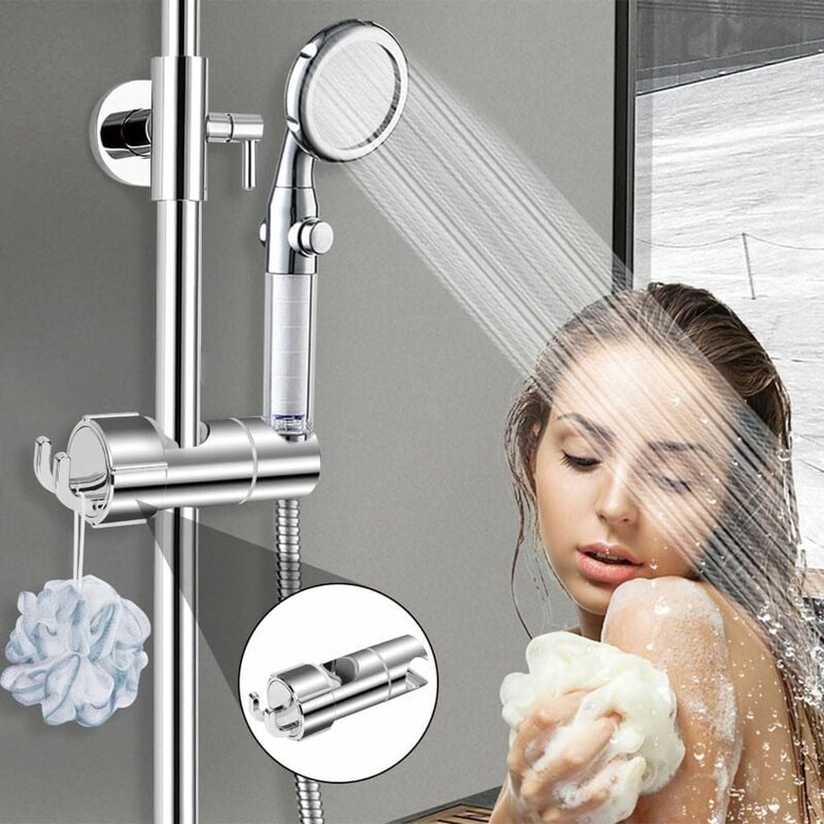 Slide Piece for Shower Rod - ø 18-25 mm - Hand Shower Bracket - With 2 Hooks - Chrome - Adjustable - ABS - Hand Shower - Shower Head - Shower Head Holder - Hand Shower Holder - Shower - Bathroom - Silver - Universal - For Shower Rod - Easy Installation - Image 4