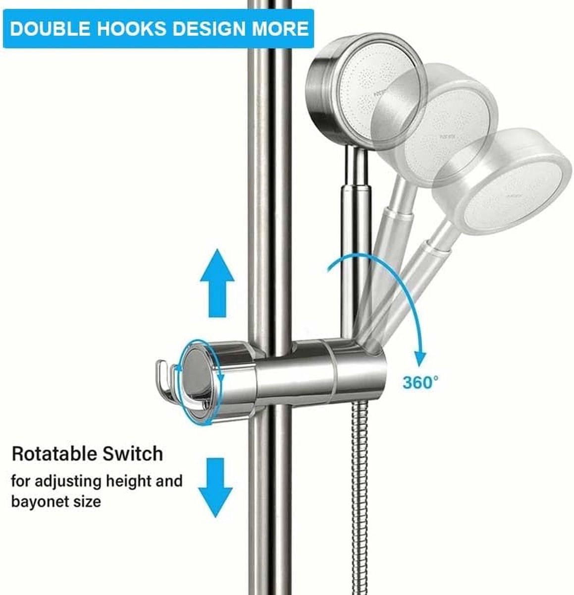 Slide Piece for Shower Rod - ø 18-25 mm - Hand Shower Bracket - With 2 Hooks - Chrome - Adjustable - ABS - Hand Shower - Shower Head - Shower Head Holder - Hand Shower Holder - Shower - Bathroom - Silver - Universal - For Shower Rod - Easy Installation - Image 5