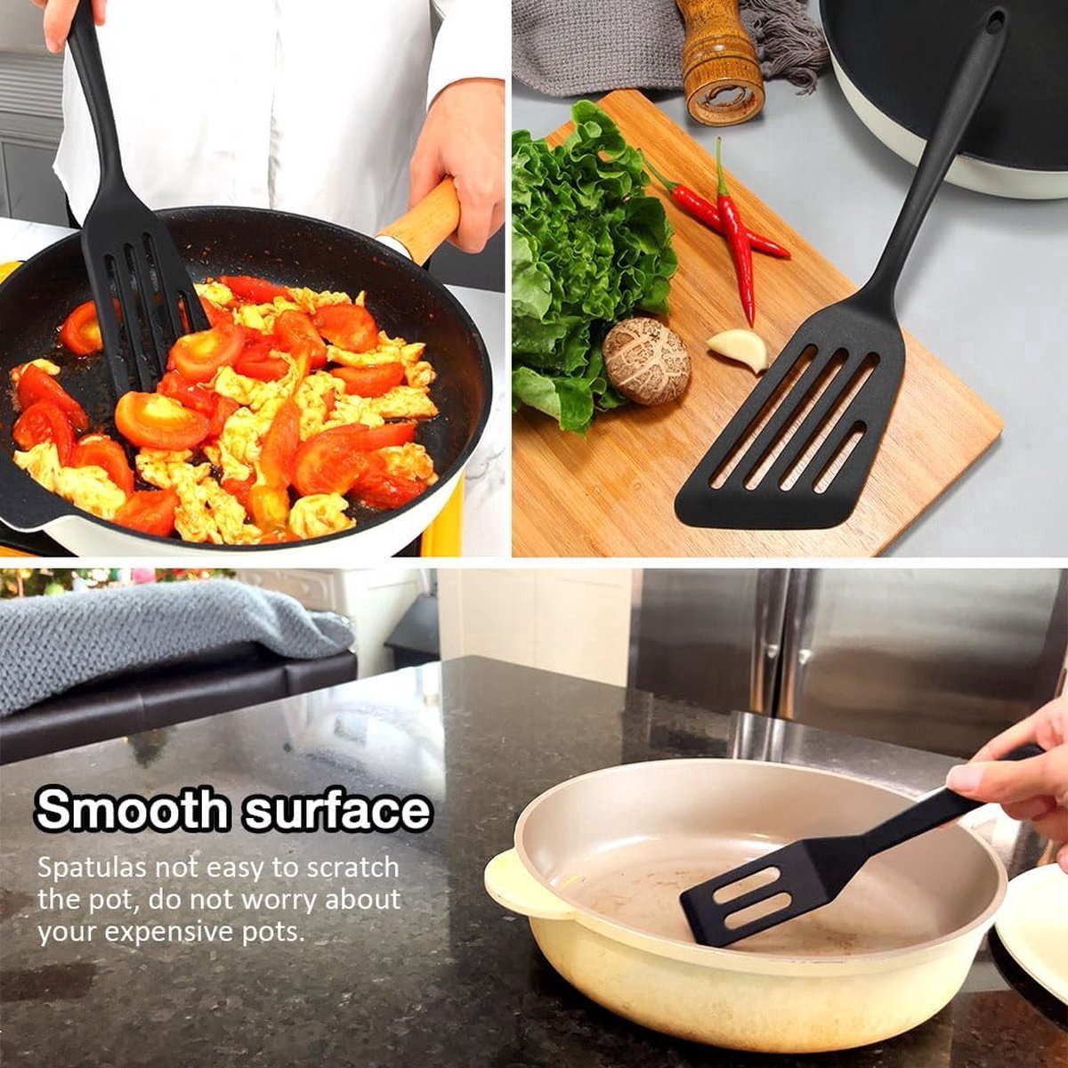 Spatula Set of 3 - Silicone Spatula - BPA Free - Spatulas - Heat Resistant - Non-stick - Anti-Slip - Hangable - Dishwasher Safe - Kitchen Utensils - Scraper - Whisk - Baking Spatula - Spatula - Black - Value Set - Image 3