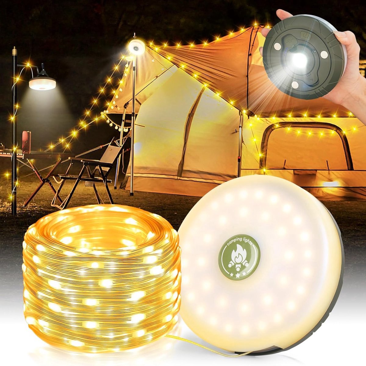 Camping Light String 10 Meters - Ambience Strip - IPX4 Waterproof - Retractable - Rechargeable - Warm White | Outdoor Lighting Garland - Camp Lamp - Camping Lamp - Lights - Light String - Tent Lamp - Rechargeable Camping Lamp With USB C - Outdoor - Image 1