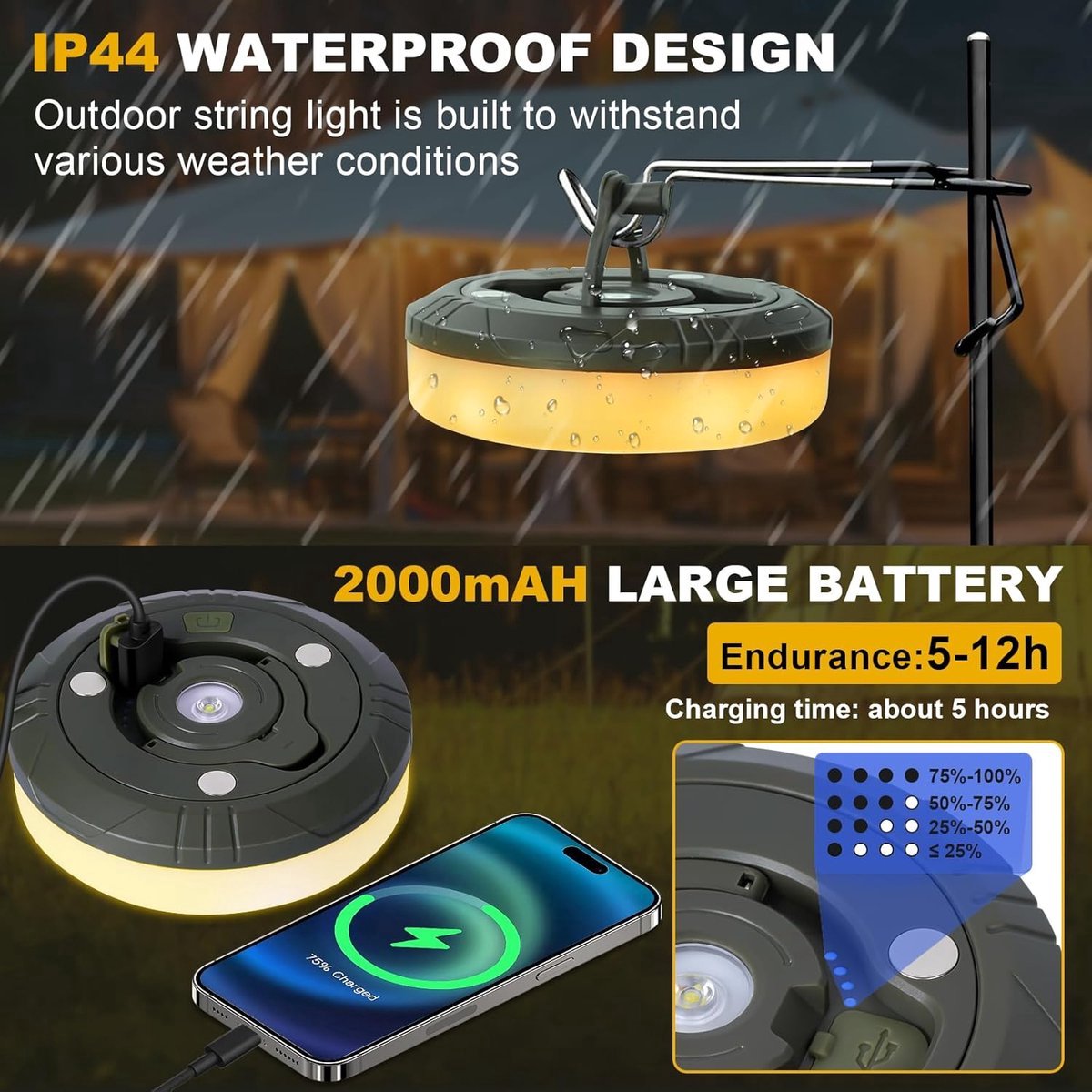 Camping Light String 10 Meters - Ambience Strip - IPX4 Waterproof - Retractable - Rechargeable - Warm White | Outdoor Lighting Garland - Camp Lamp - Camping Lamp - Lights - Light String - Tent Lamp - Rechargeable Camping Lamp With USB C - Outdoor - Image 2