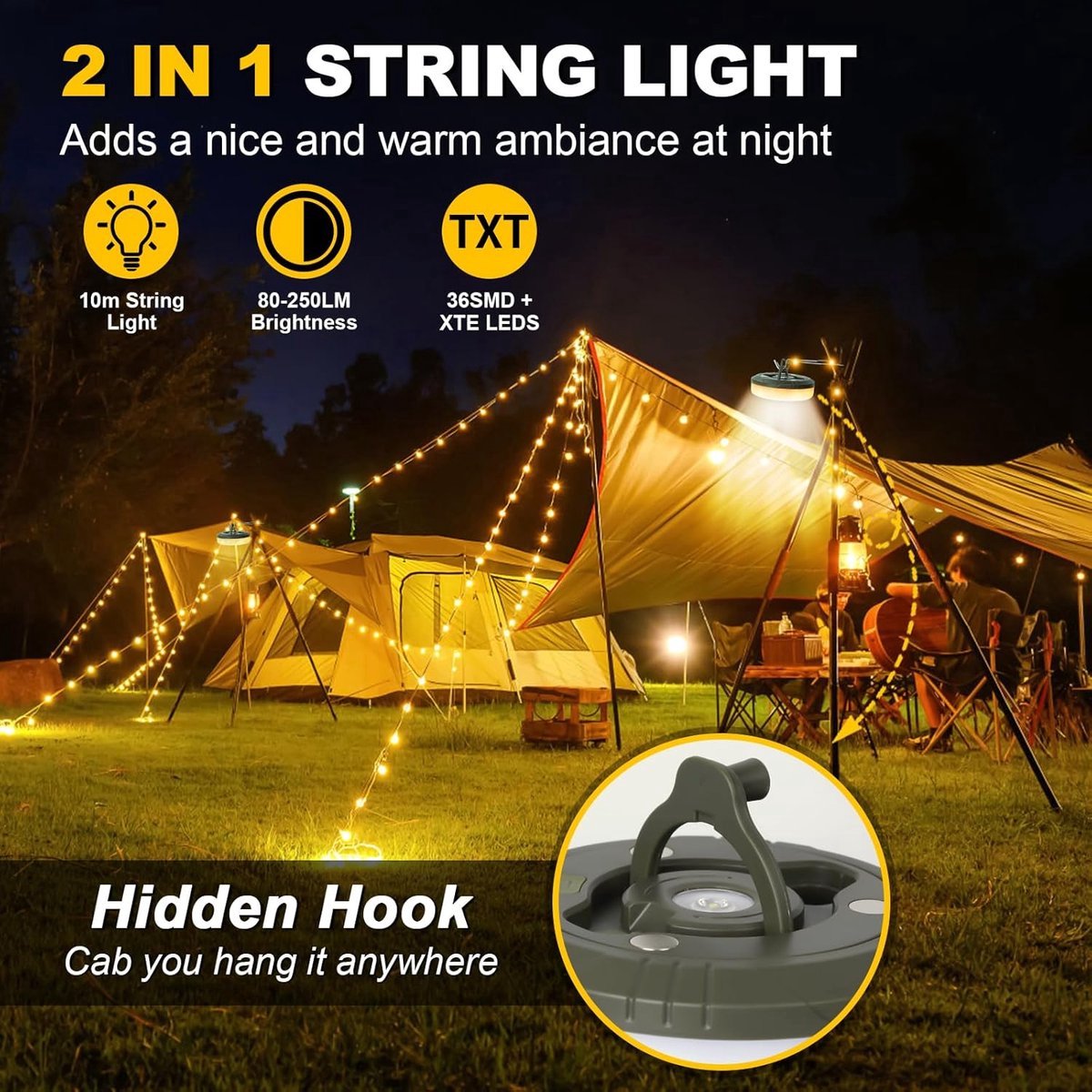 Camping Light String 10 Meters - Ambience Strip - IPX4 Waterproof - Retractable - Rechargeable - Warm White | Outdoor Lighting Garland - Camp Lamp - Camping Lamp - Lights - Light String - Tent Lamp - Rechargeable Camping Lamp With USB C - Outdoor - Image 5