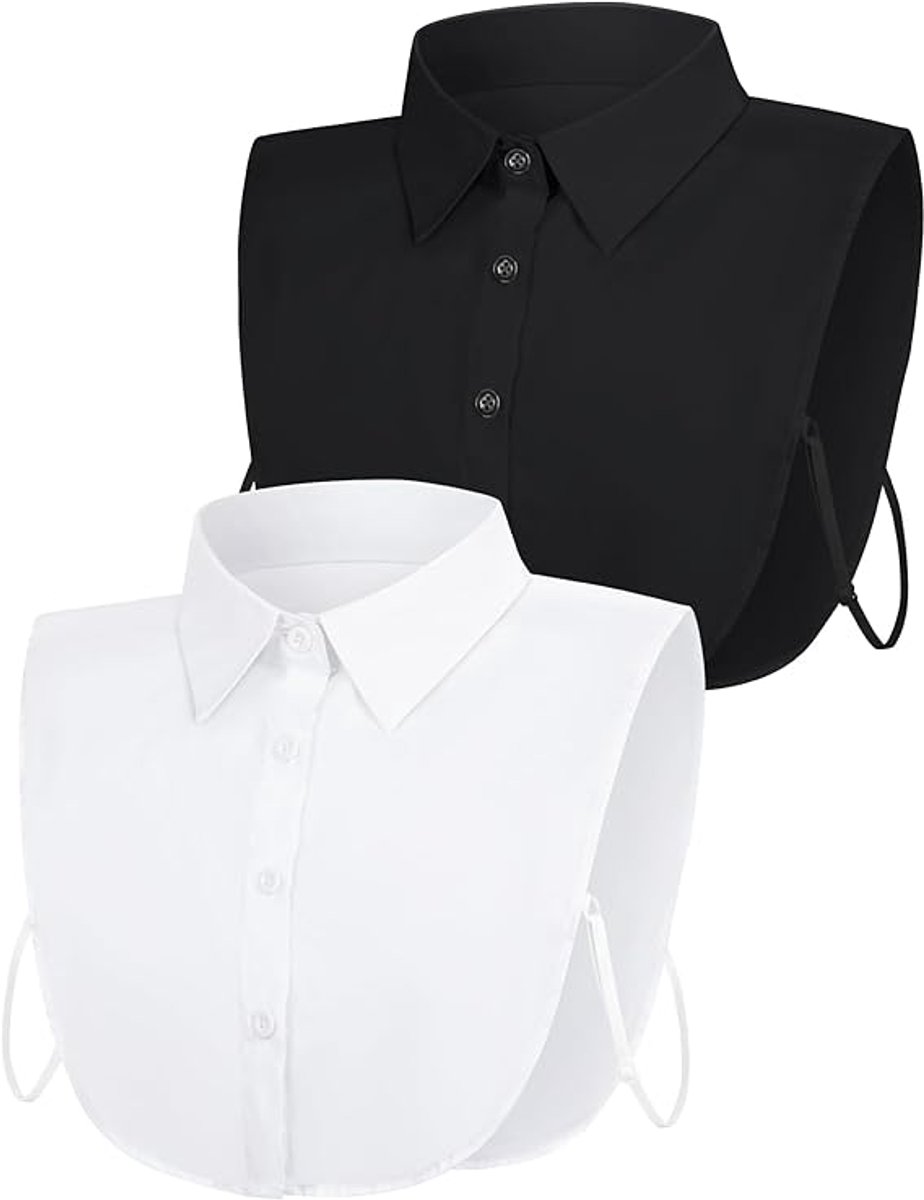Set of 2 Women's Shirt Collars - Detachable Pointed Collar Basic - Collars for Women - Detachable Women's Collars to Wear Undergarments - Shirt Collar - Shirt Collar - Faux Detachable Collar - Shirt Replacement - One Size Adjustable - Black and White - Image 1
