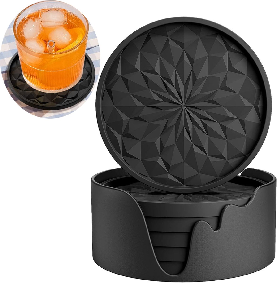 Silicone Coasters with Holder - Set of 6 - Glass Coasters - Coaster Set - Round Coaster Design - Drink Coasters - Table Glass Coasters - Coasters - Anti-Slip - Heat Resistant - Black - Gift - Image 2