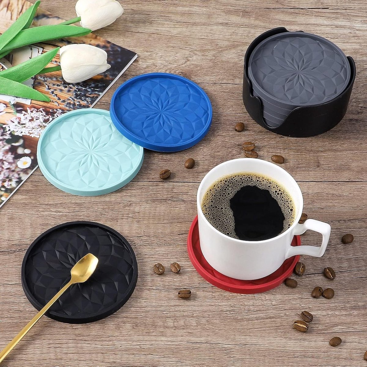 Silicone Coasters with Holder - Set of 6 - Glass Coasters - Coaster Set - Round Coaster Design - Drink Coasters - Table Glass Coasters - Coasters - Anti-Slip - Heat Resistant - Black - Gift - Image 3