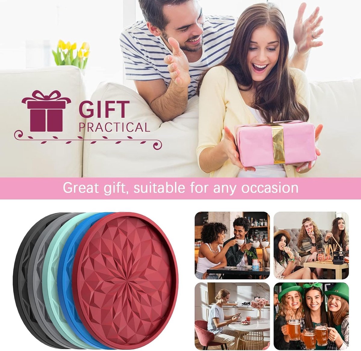 Silicone Coasters with Holder - Set of 6 - Glass Coasters - Coaster Set - Round Coaster Design - Drink Coasters - Table Glass Coasters - Coasters - Anti-Slip - Heat Resistant - Black - Gift - Image 4