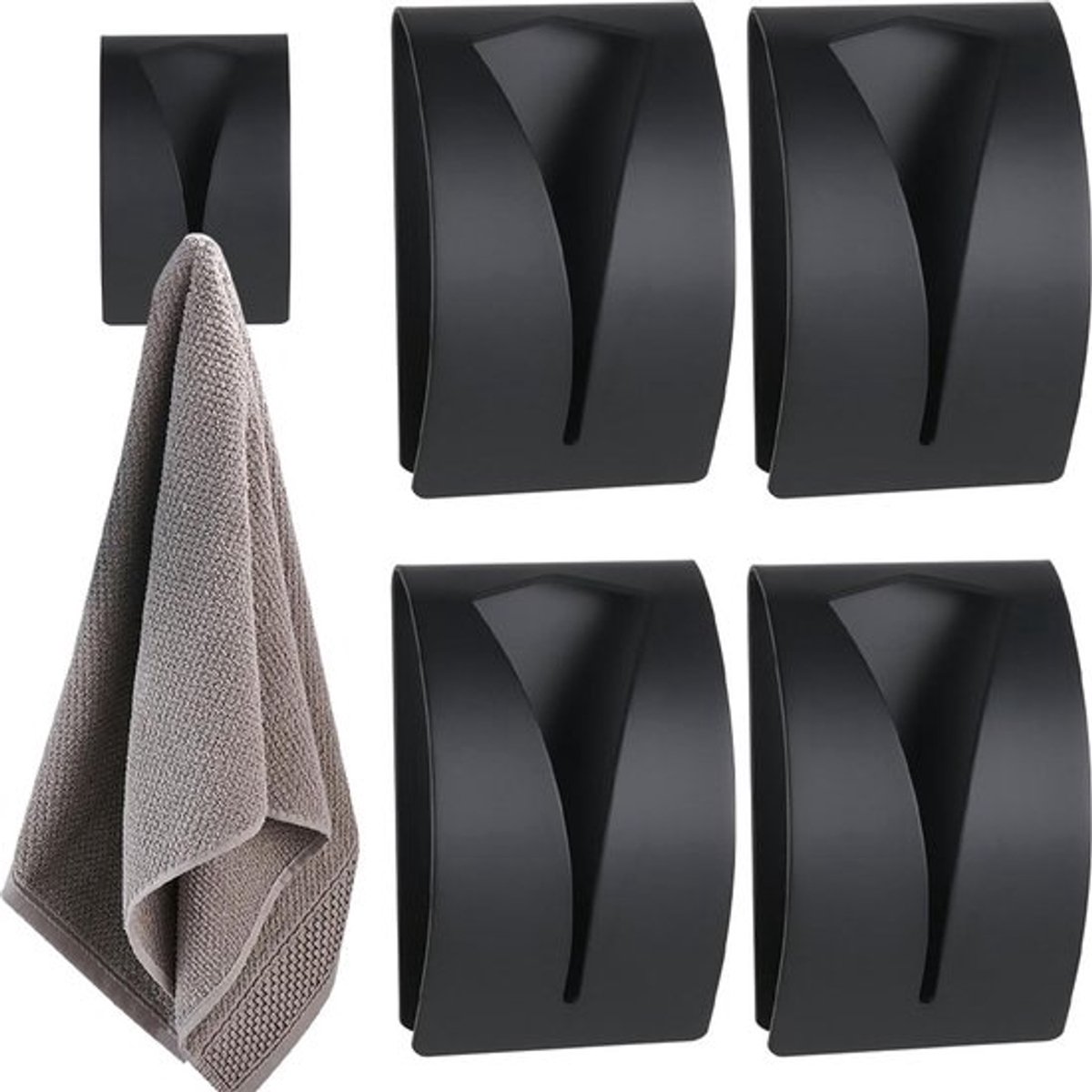 Towel Hook Set - Stainless Steel - Set of 4 Pieces - Self-Adhesive Towel Hook - Bathroom Towel Holder - Tea Towel Clamp - Towel Clamp - Towel Hook - No Drilling Required - Wall Mounting Hook - Kitchen Hanging Hook - Towel Hanger - Hooks - Black - Image 1