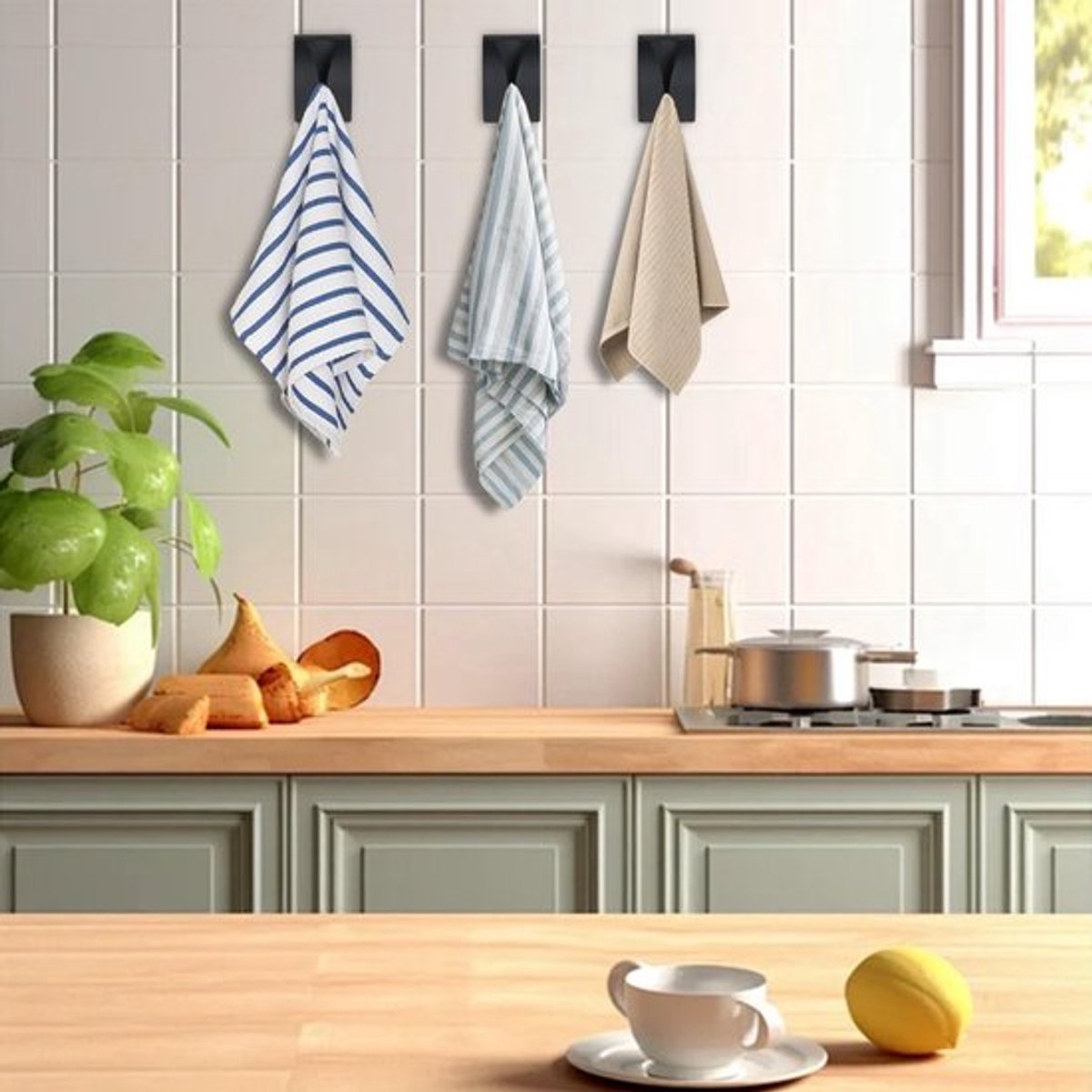 Towel Hook Set - Stainless Steel - Set of 4 Pieces - Self-Adhesive Towel Hook - Bathroom Towel Holder - Tea Towel Clamp - Towel Clamp - Towel Hook - No Drilling Required - Wall Mounting Hook - Kitchen Hanging Hook - Towel Hanger - Hooks - Black - Image 4
