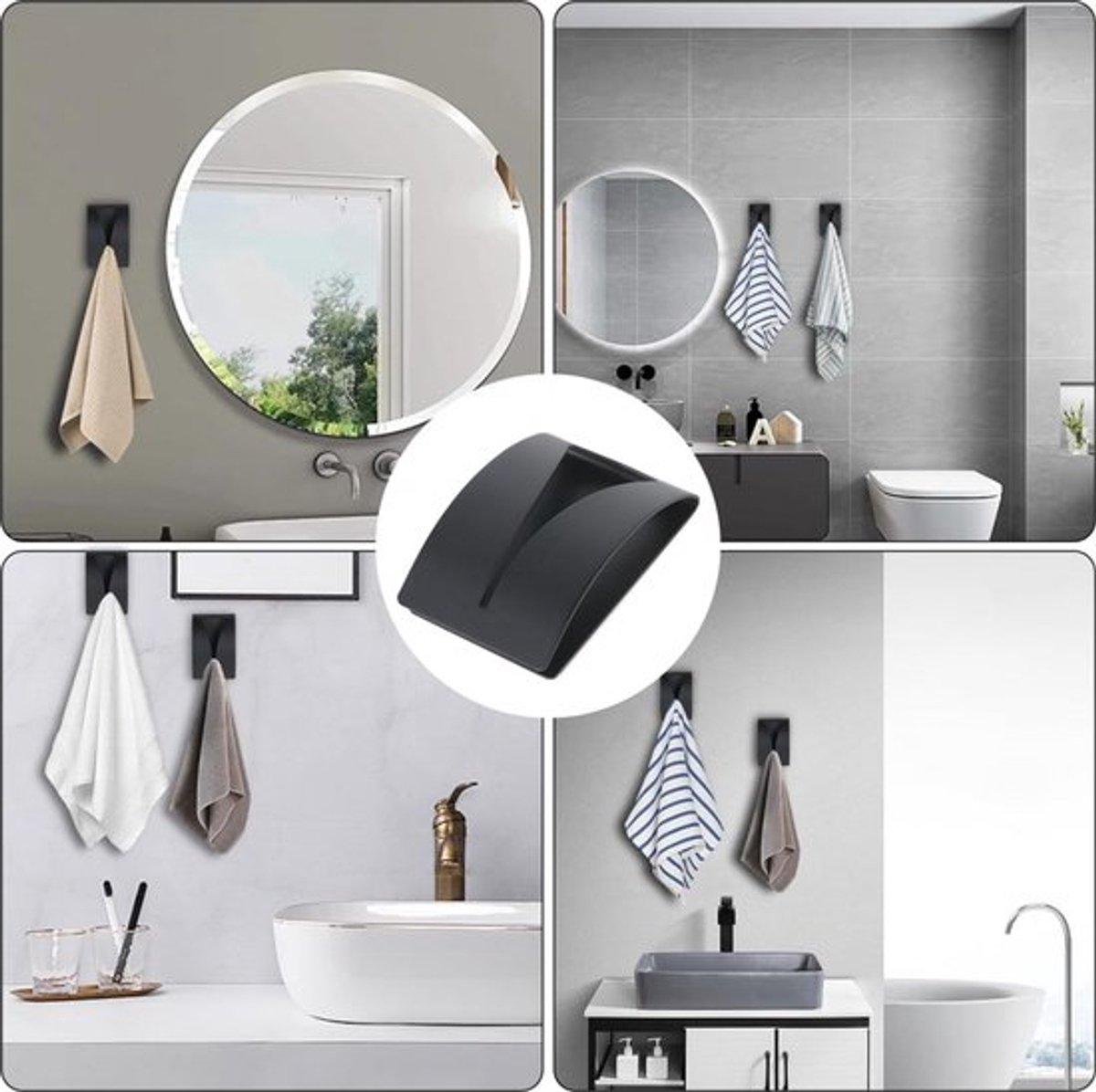 Towel Hook Set - Stainless Steel - Set of 4 Pieces - Self-Adhesive Towel Hook - Bathroom Towel Holder - Tea Towel Clamp - Towel Clamp - Towel Hook - No Drilling Required - Wall Mounting Hook - Kitchen Hanging Hook - Towel Hanger - Hooks - Black - Image 5