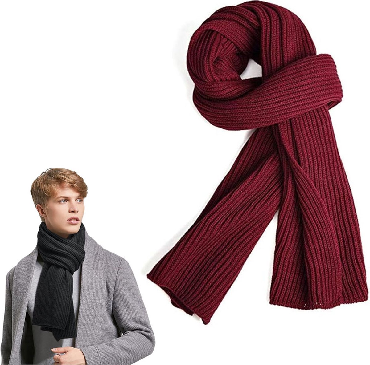 Knitted Scarf for Women & Men - Warm Winter Scarf - Small Scarf - Unisex - Oblong Scarf - Wool Scarf - Winter Warm & Soft - Men's Scarf - Women's Scarf - Finely Woven Scarf - Classic Scarf - Deep Red - 185 X 30 Cm - Image 1