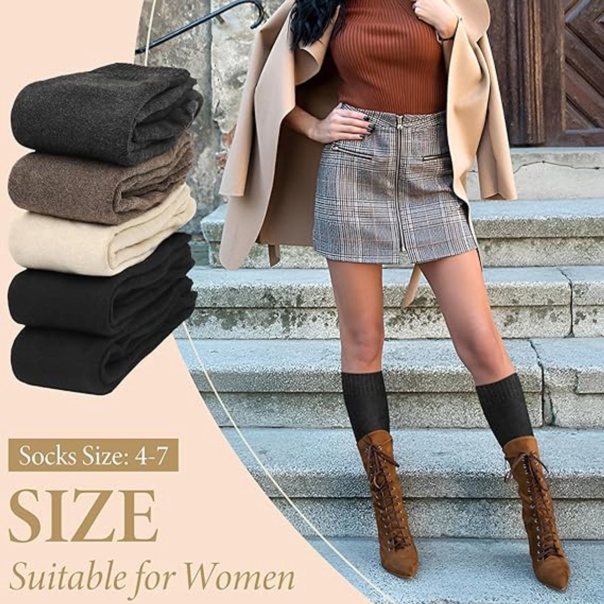 Pairs Women's Cotton Knee Socks - Moisture-Wicking - Winter Knee Socks Warm Long Boots - Seamless - Warm Knee Socks - Women's Warm Socks - Comfortable Compression Socks - Prevent Painful Legs and Feet - One Size 5 Colors - Image 3
