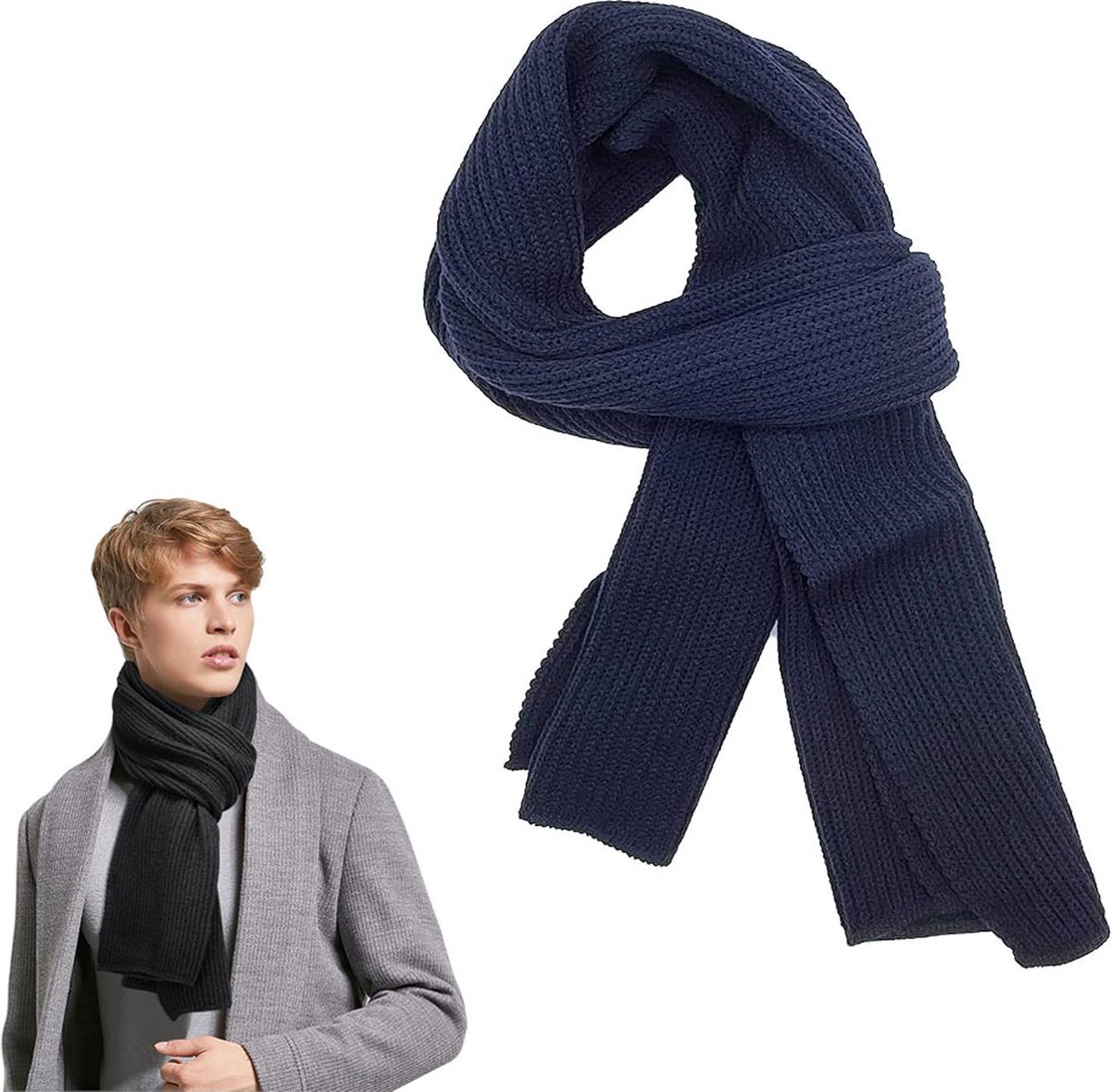 Knitted Scarf for Women & Men - Warm Winter Scarf - Small Scarf - Unisex - Oblong Scarf - Wool Scarf - Winter Warm & Soft - Men's Scarf - Women's Scarf - Finely Woven Scarf - Classic Scarf - Blue - 185 X 30 Cm - Image 1