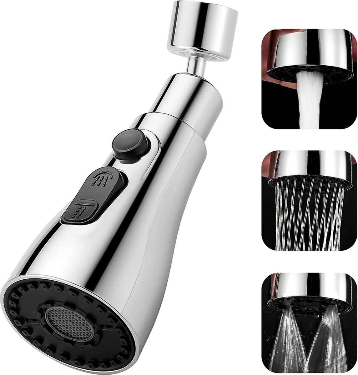 Faucet Attachment - 360 Degree Rotation - Kitchen Tap G1/2 - 3 Positions - Faucet Head - Washing Up - Kitchen Faucet - Water Saving - Flexible Faucet Head - Extension - Faucet Parts - Rotating Faucet Hose - Faucet Nozzle - Silver - For Bathroom Washbasin - Image 1