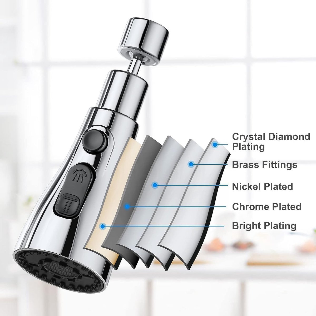 Faucet Attachment - 360 Degree Rotation - Kitchen Tap G1/2 - 3 Positions - Faucet Head - Washing Up - Kitchen Faucet - Water Saving - Flexible Faucet Head - Extension - Faucet Parts - Rotating Faucet Hose - Faucet Nozzle - Silver - For Bathroom Washbasin - Image 4