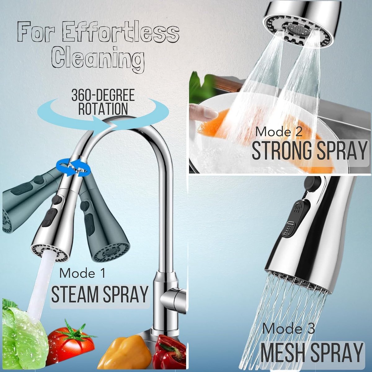 Faucet Attachment - 360 Degree Rotation - Kitchen Tap G1/2 - 3 Positions - Faucet Head - Washing Up - Kitchen Faucet - Water Saving - Flexible Faucet Head - Extension - Faucet Parts - Rotating Faucet Hose - Faucet Nozzle - Silver - For Bathroom Washbasin - Image 5