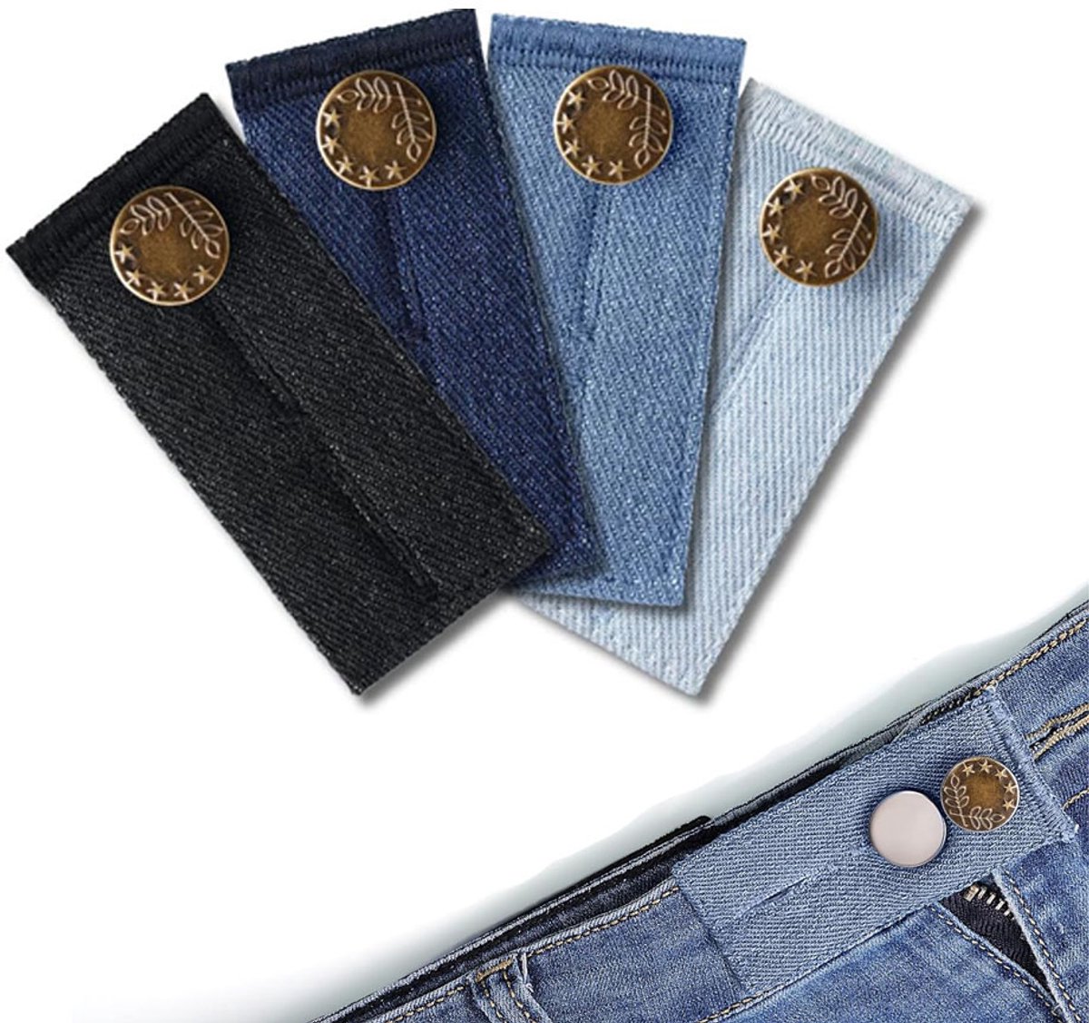 Buttonhole Extender 4 Pieces Denim - Trouser Extender - Jeans Trouser Extender - Trouser Widening Button - Trouser Buttonhole Extender - Button Extender - Jeans Extension Button - Maternity Trouser Extender - Buttonhole Elastic - Jeans Buttons - Image 1