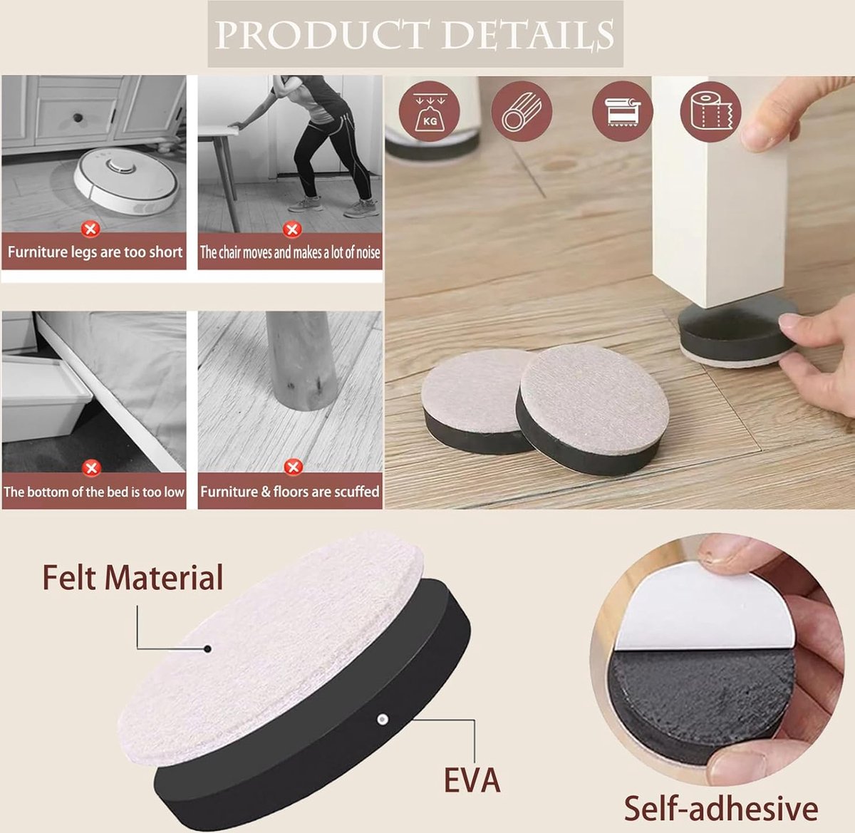 Furniture Risers - 16 Pieces - Furniture Riser Set - Bed Riser - Adjustable Furniture Legs - Furniture Coasters - Furniture Felt - Strong Space-Saving Riser - Felt Pads - Self-Adhesive - Anti-Slip - Floor Protection - Furniture Elevation - Bed Risers - Image 4