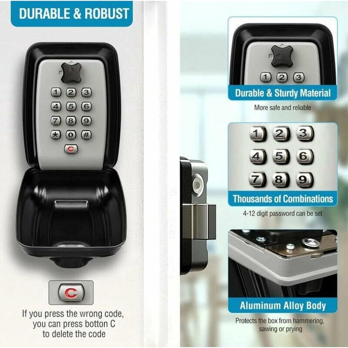 Waterproof Secure Key Box - Wall-Mounted Key Box - Indoor & Outdoor Key Safe - Secure Wall-Mounted Key Box - Combination Lock - Share Access to Your Keys in Complete Safety - Stainless Steel - Image 5