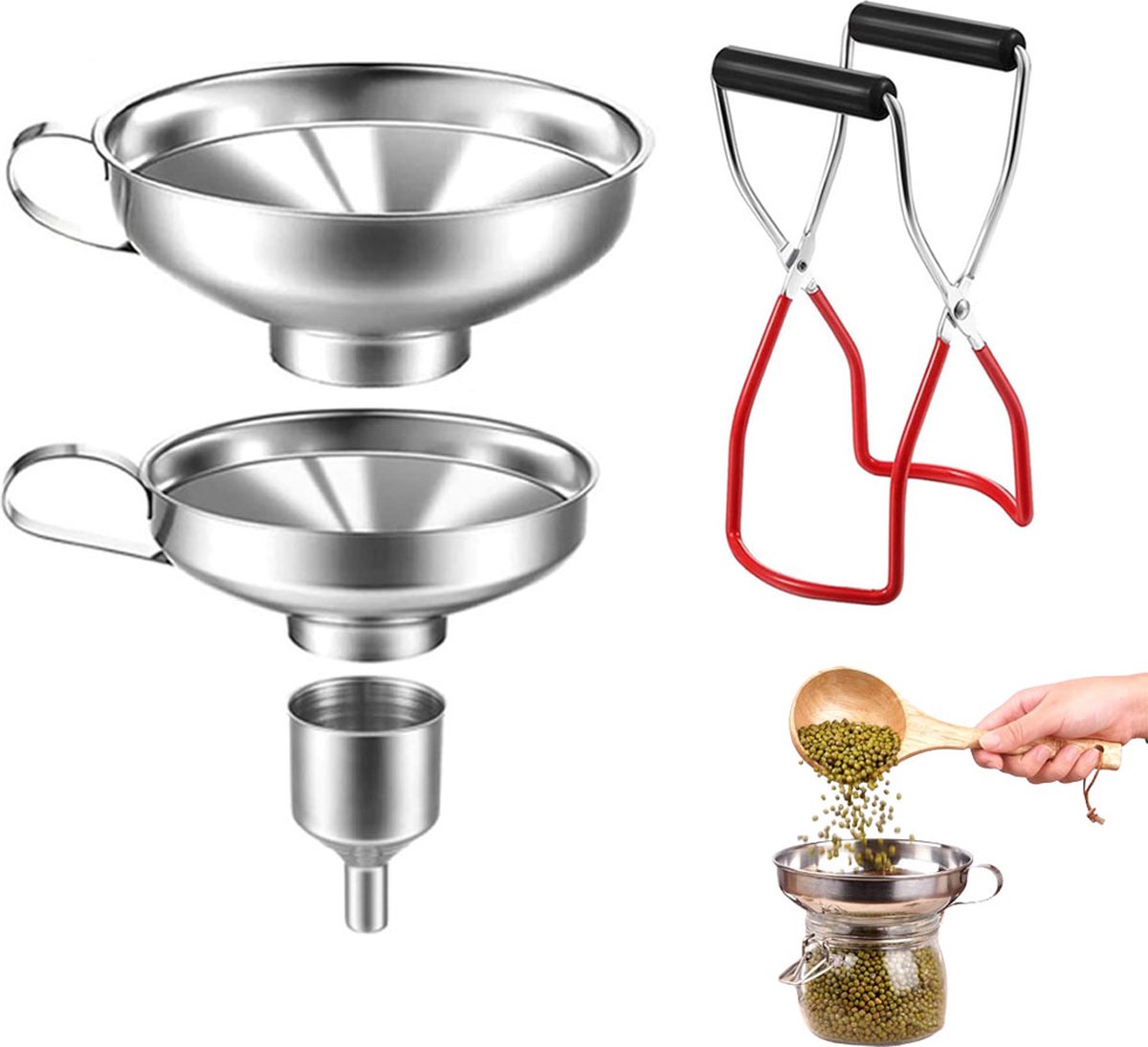 Funnel Set - 4 Pieces - Stainless Steel - Kitchen Funnels - Metal Filling Funnel - Kitchen Funnel - Jam Funnel - Includes Can Clips - Liquid - Pouring - Dishwasher Safe - Kitchen Helper Tool - For Transferring Essential Oils, Liquids - Image 1