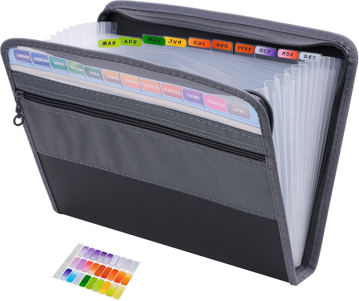 Project Folder - A4 - Foldable File Folder with Tabs - 13 Compartments - Storage Folder/Sorting Folder - Compartment Folder - Durable Plastic Document Folder - Writing Folder with Zipper - Conference Folder - Work Folder - Document Folder - Black - Portab - Image 1