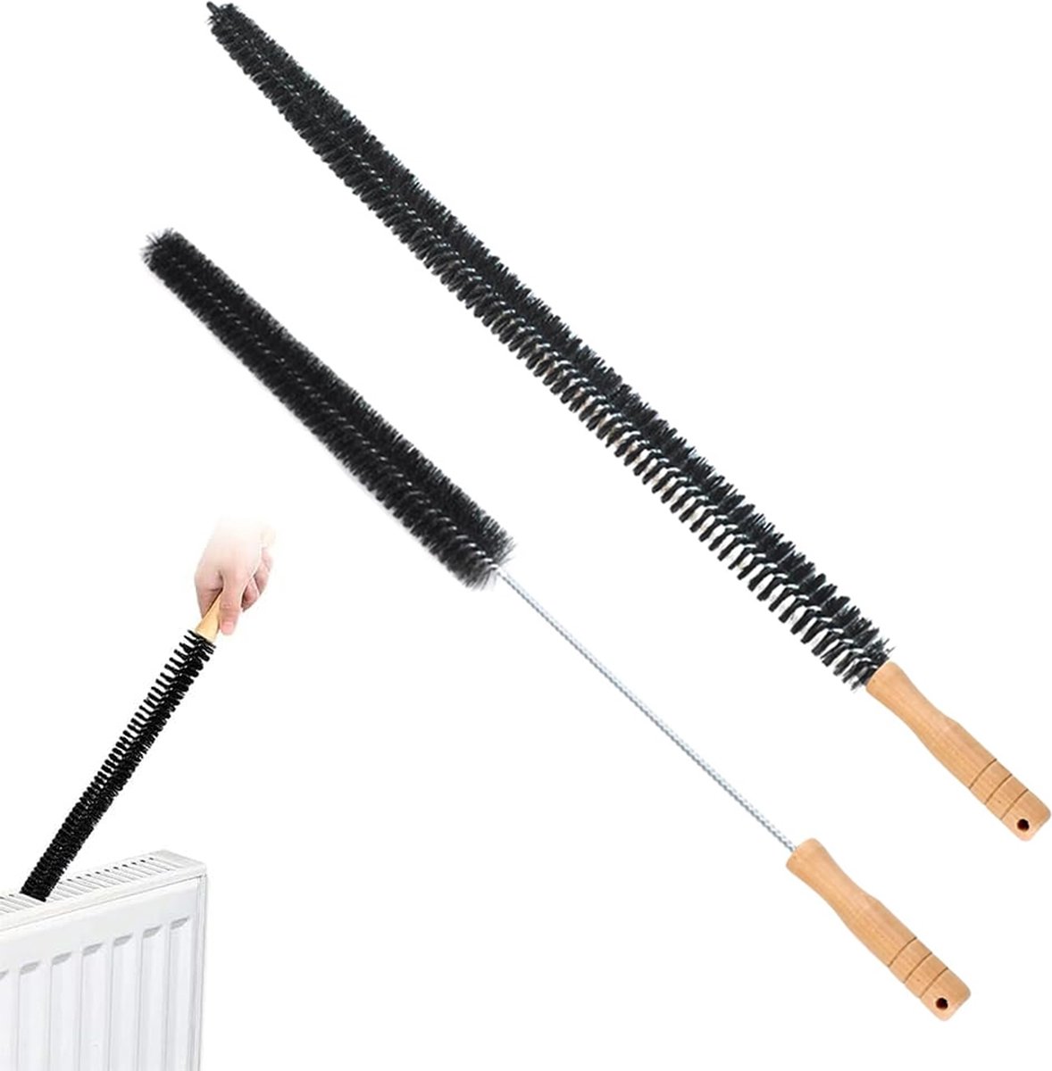 Radiator Brush - 2 Pieces - Flexible Radiator Brush - Dust-Binding Brush - Heating Cleaning Brush/Rapid Brush - Heating Scrub Brush - Handy - With Handle - Long Handle - Multifunctional - For Dry and Wet Cleaning - Black - 70/75cm - Image 1