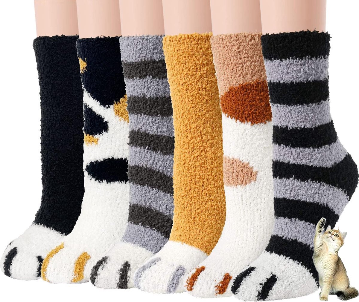 Warm Winter Socks Ladies - Set of 6 Pairs - Ladies Plush Socks - Women's Socks - House Socks - Sleep Socks - Fluffy Socks - Cat Claw - Cute Animal Socks - Birthday - Mother's Day - Gift for Women - Thick, Warming Quality - Christmas Gift - Image 1