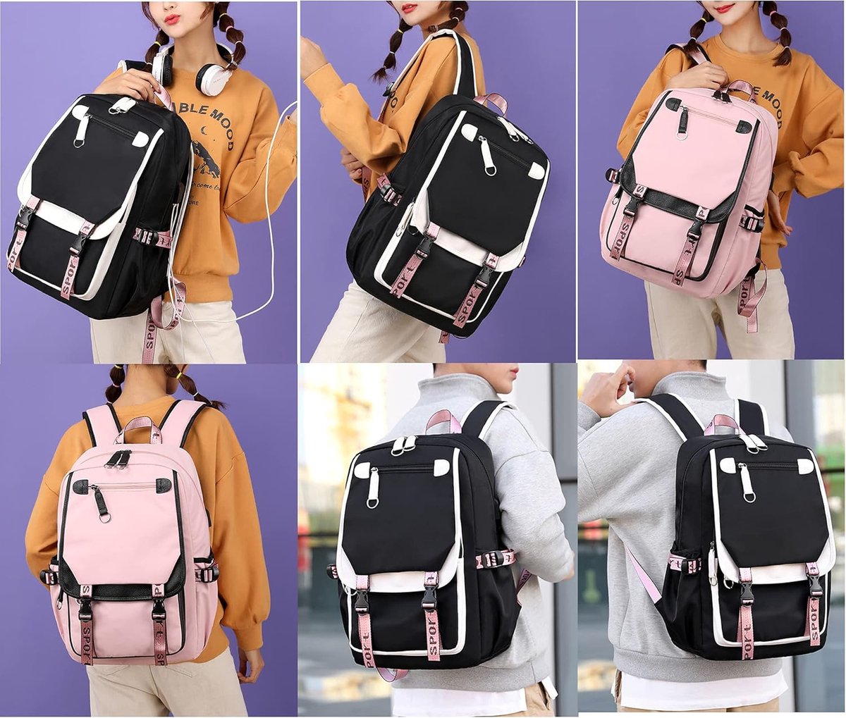 Girls School Student School Bag Outdoor Backpack With USB Charging Port, Black White - School Bag - Backpack - Rucksack - School - Girls - Boys - Teenagers - Book Bag - Girl's Backpack - Backpacks - Rucksack For Children - Waterproof - Laptop Backpack - Image 4