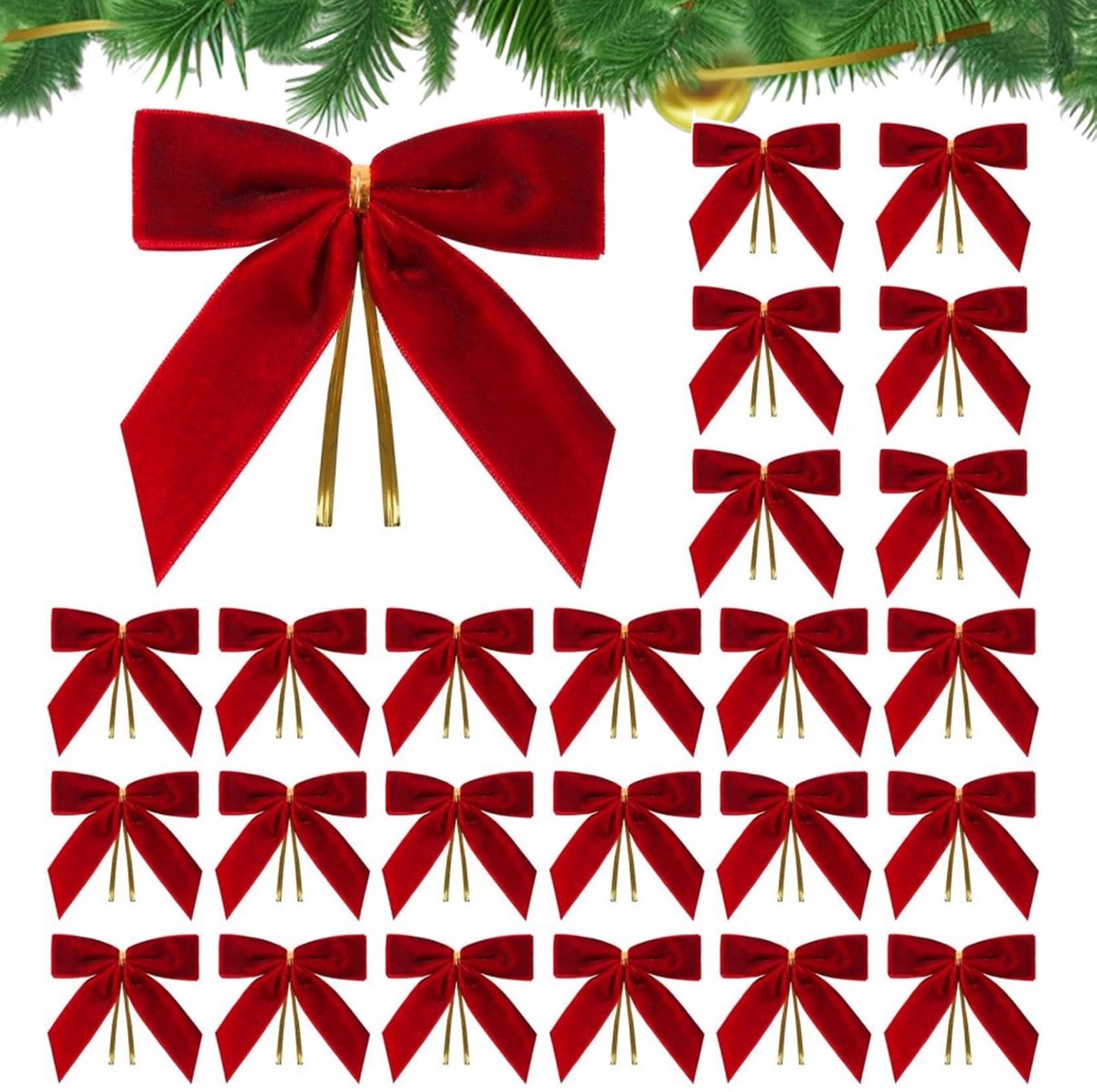 24 Piece Velvet Christmas Bows - Glitter - Christmas Decoration Bows - Christmas Ornaments - Christmas Tree Decoration - Christmas Bows - Christmas Atmosphere - Christmas - 3.5 x 3.5 inches - For Christmas Party, Christmas Tree, Indoors, Crafts - Red - Image 1