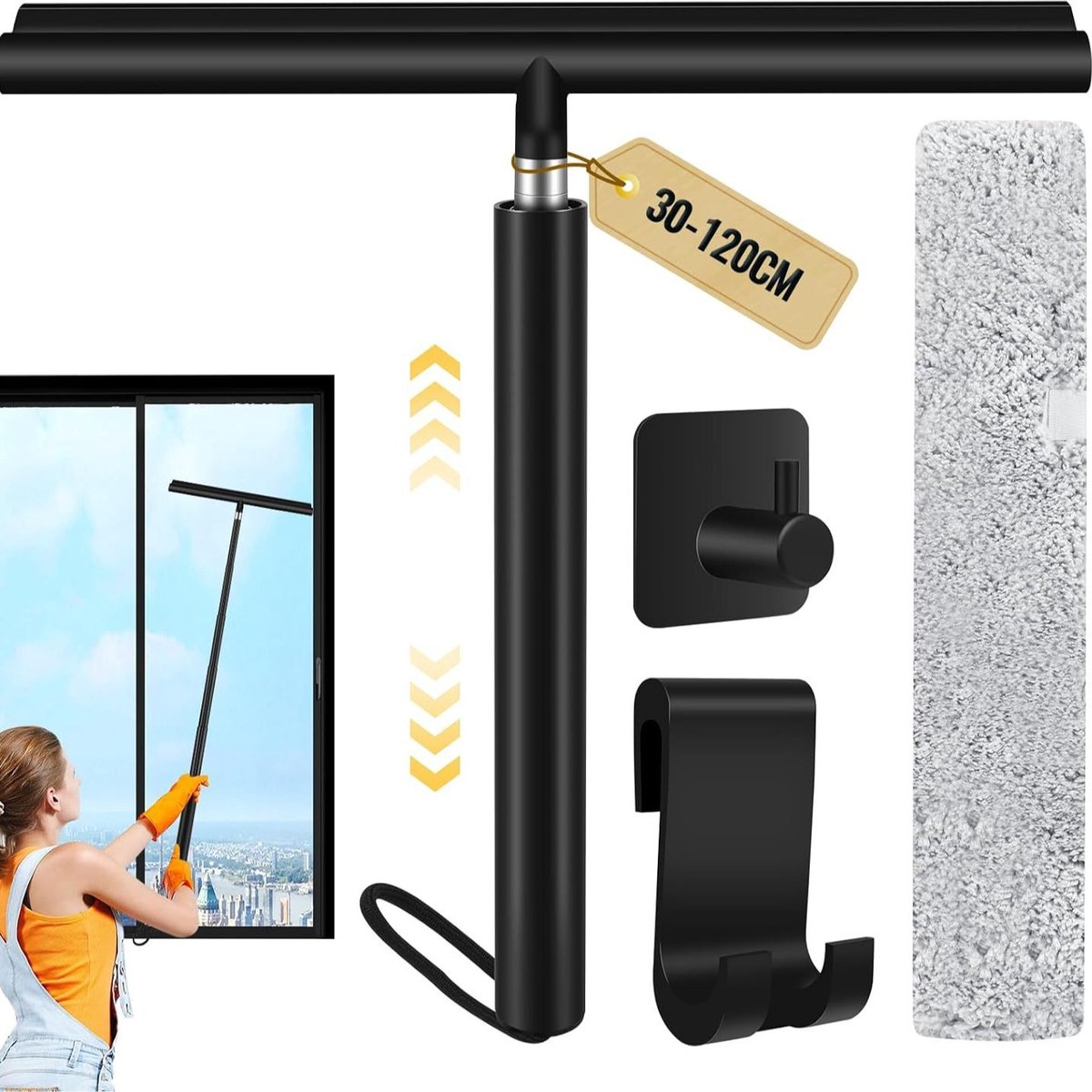 Extendable Shower Squeegee - Up to 120 CM - With Hanging Hook and Squeegee Cloth - Floor Squeegee / Window Squeegee with Long Handle - Shower and Bathroom Squeegee - For Windows, Mirrors, Bathroom, Smooth Surfaces - Image 1