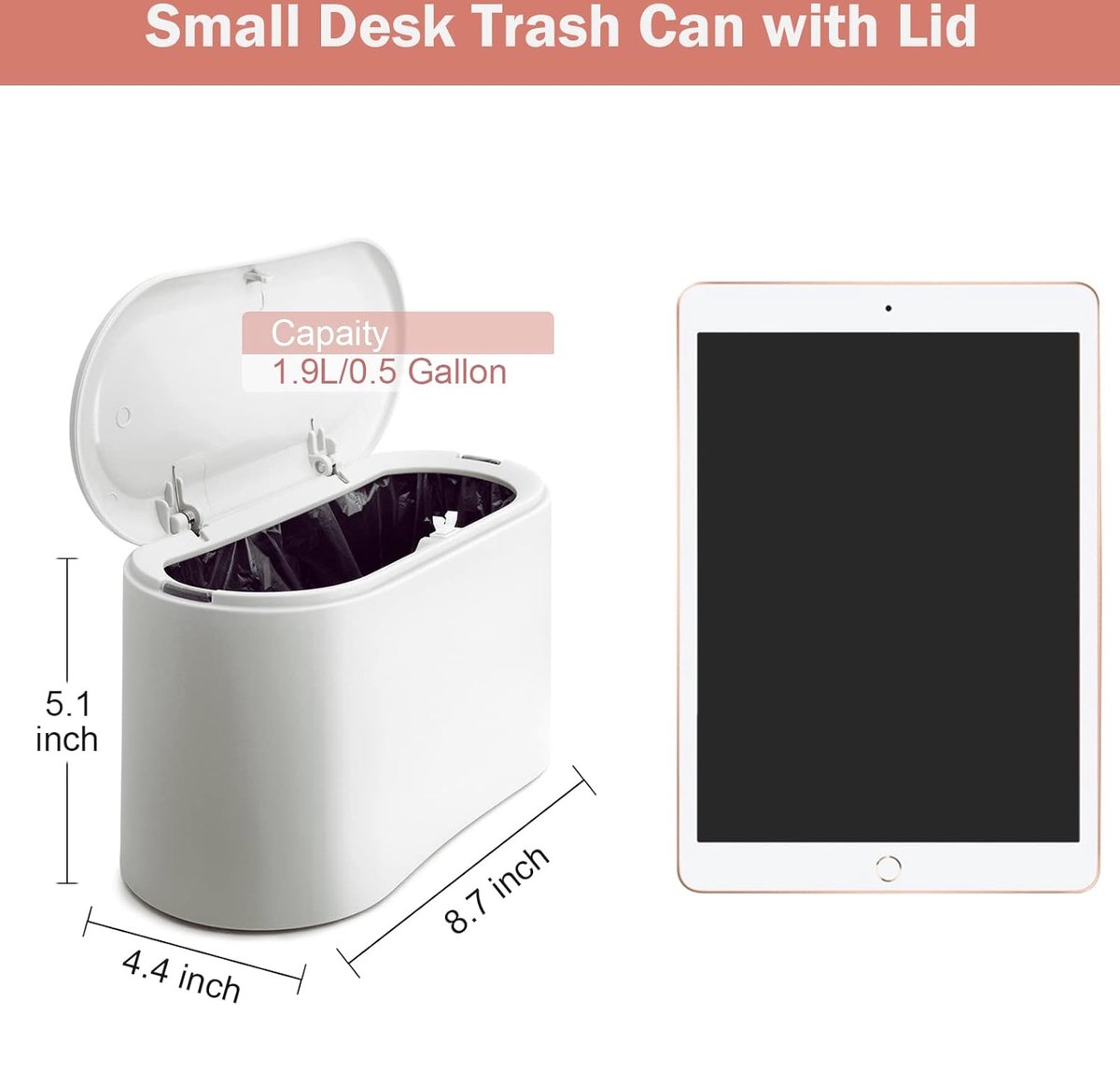 Trash Can - Small Trash Can with Sensor - Sturdy - Countertop Waste Bin - Mini Trash Can - Desktop - Tabletop Waste Bin - Plastic Trash Can - Bathroom Waste Bin - Recycling Waste Bin - Car Trash Can - White - Office Waste Bins - Home / Office - Image 2