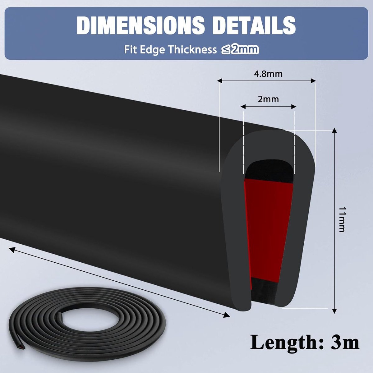 U-shaped rubber seal - Rubber profile - Flexible U-shaped rubber profile - Door edge protection strip - Snap-on rubber - Edge protection - Door panel protection - Baby safety - Table corner (3 m - 2 mm) - Image 2