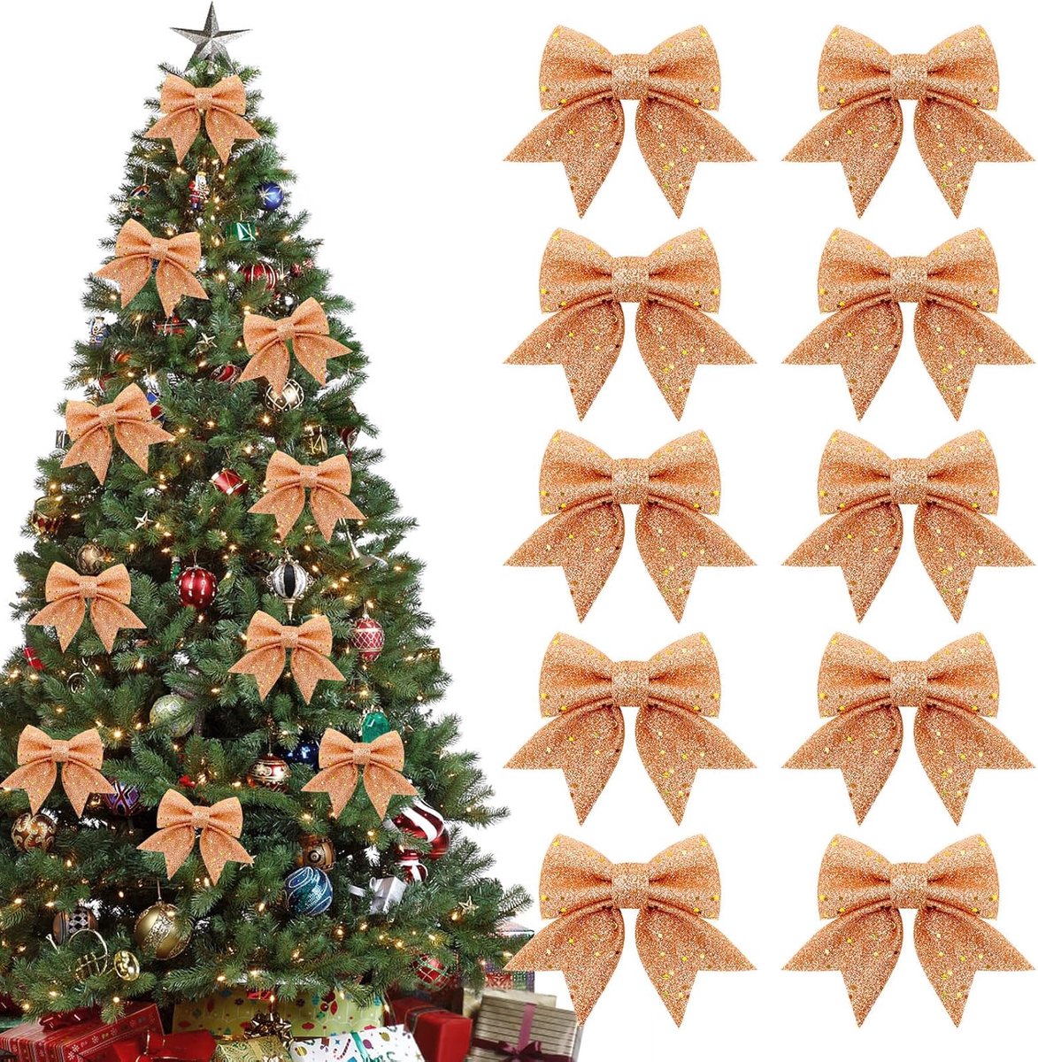 10 Gold Christmas Bows - 12 x 15 cm - Glitter - Christmas Decoration Bows - Christmas Ornaments - Christmas Tree Decoration - Christmas Bows - Christmas Atmosphere - Christmas - For Christmas Party, Christmas Tree, Indoors, Crafts - Image 1