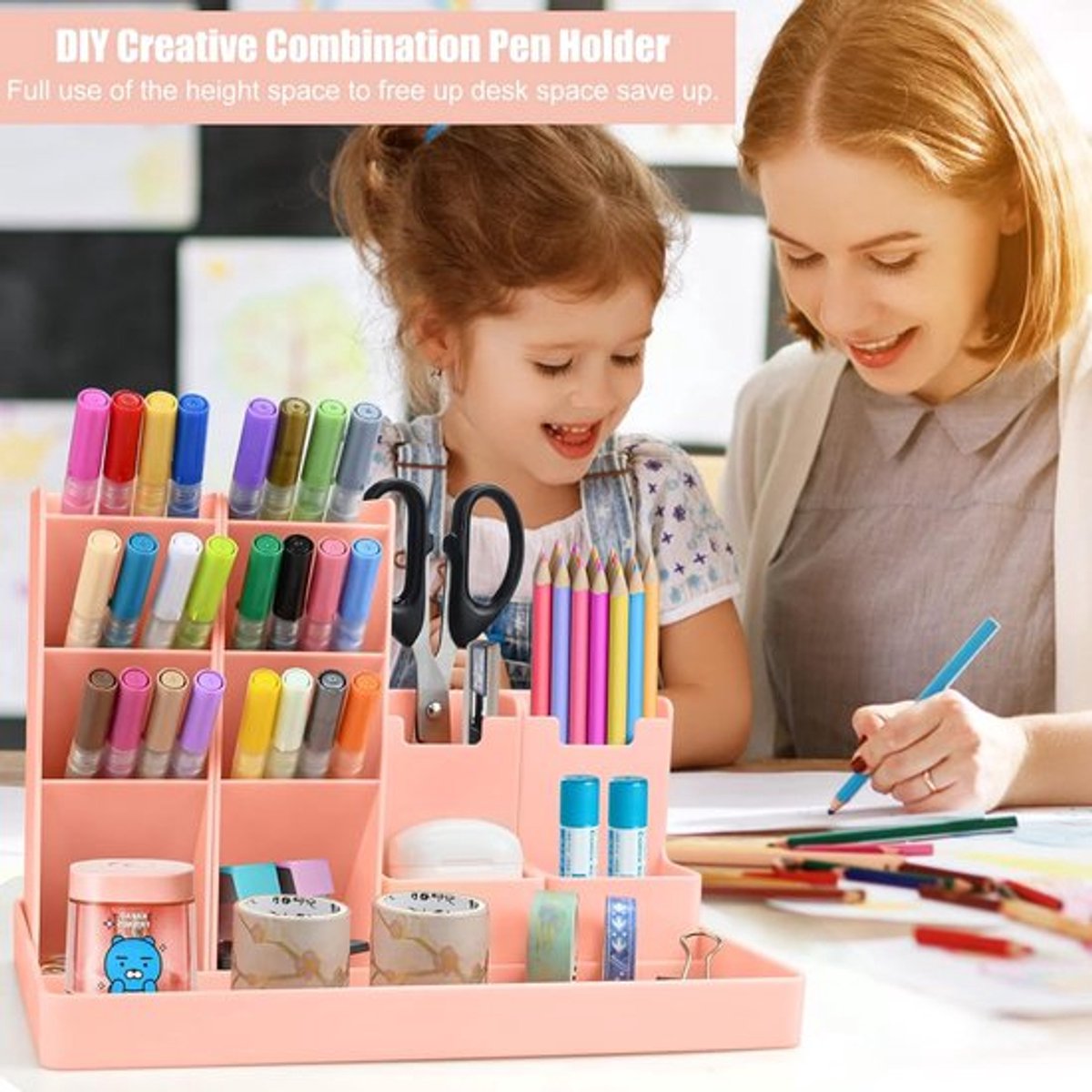 Pen Tray - 13 Compartments - Pen Holder - Desk Organizer - Pen Trays - Desk Organizer - Pen Case - Plastic - Removable - Storage System - Letter Tray - Desk Accessories - Pink - Image 4