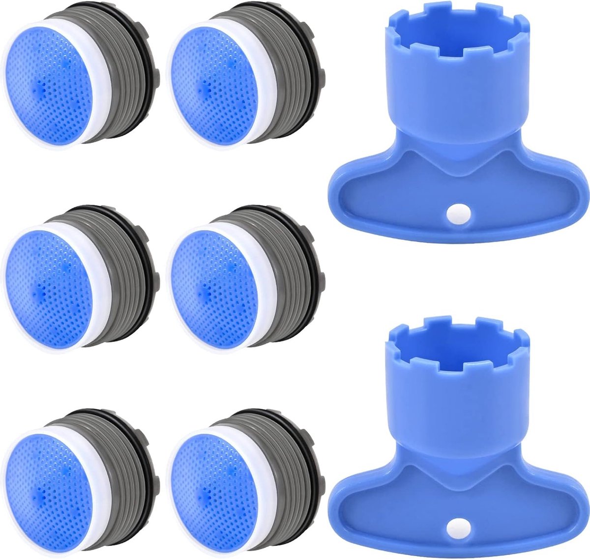 Water-Saving Aerator - M18 x 6 Pieces Tap Aerator - With Mounting Wrench - Tap Strainer for Taps - Tap Attachment - Tap Connector - Includes Disassembly Wrench & Removal Tool - Blue - Image 1