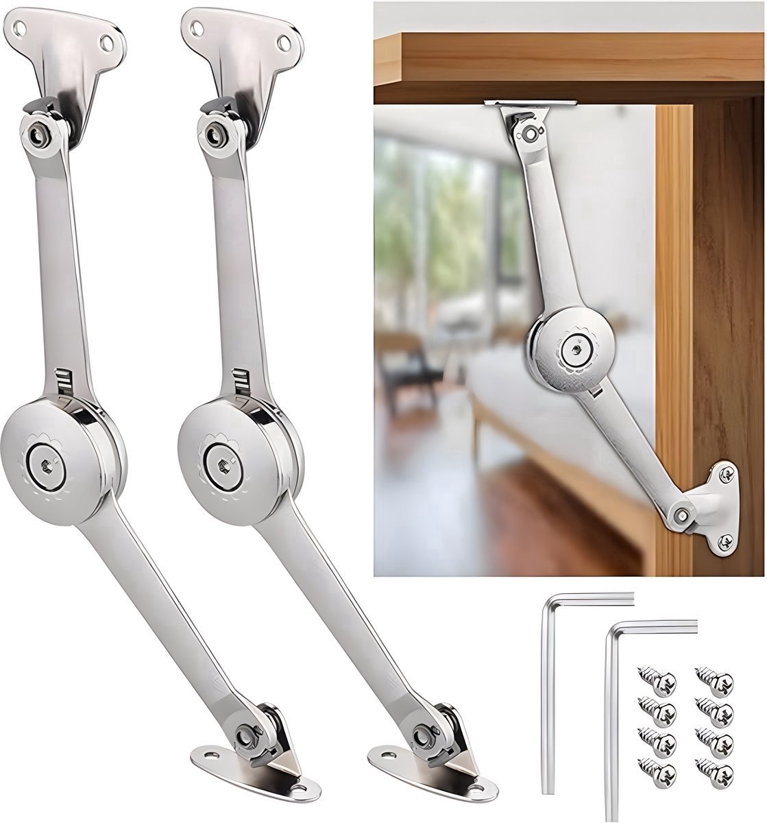 Flap Hinge - With Screws and Allen Key - High Load Capacity - 2 Pieces - Nickel-Plated - Support - Kitchen Cabinet Hinge - Furniture Hinge - Overlay Hinge - Hinge - Flap Supports - Lid Support Hinge - Sturdy & Durable - Image 1
