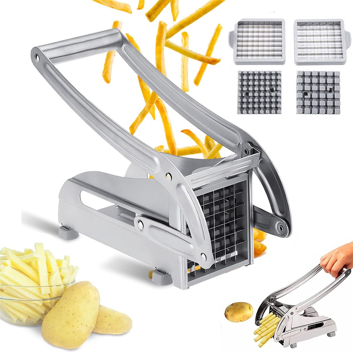 French Fry Cutter - Potato Cutter - Vegetable Cutter - 2 Inserts - Non-Slip Rubber Base - Dishwasher Safe - With Soft-Touch Handle - Effortless Vegetable Sticks - 9 and 12 mm - Stainless Steel - Sturdy - Professional - Image 1