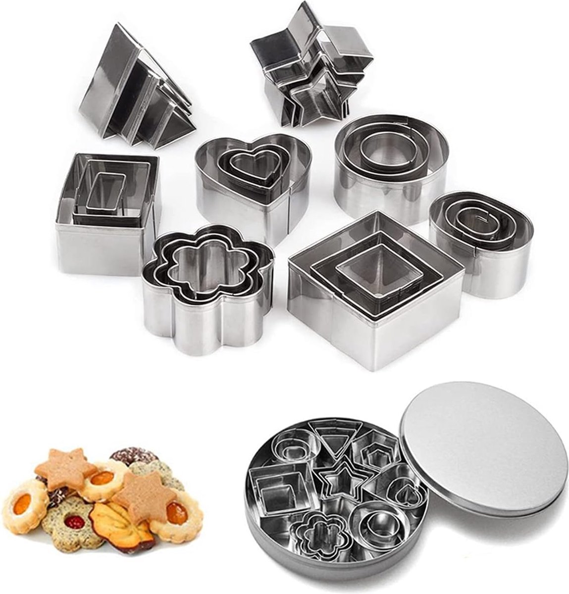 Cookie Cutter - 24 Pieces - Cookie Mold Set - Stainless Steel Cookie Cutters - Heart / Flower / Round / Star - Cookie Shapes - Cookie Molds - Cookie Baking - Cookie Shapes - Cookie Mold - Chocolate Mold - Christmas - Cookie Figures - Star Moon Heart Flowe - Image 1