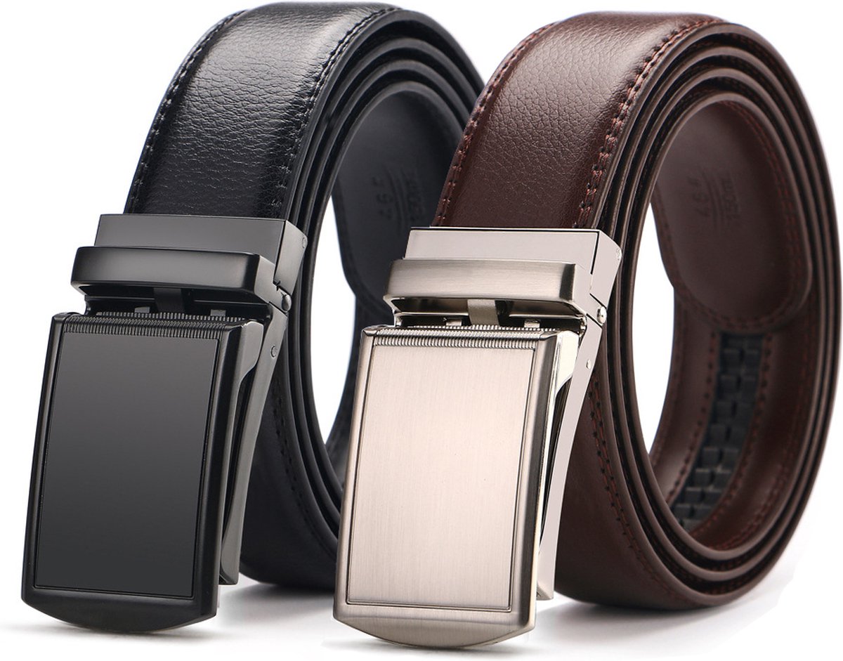 2 Pieces - Men's Belt - Leather Belt - Leather Belt - Shortenable - Adjustable - Automatic Buckle Belt - Trouser Belt - Cow Leather - No Holes - Men's Birthday Belt - Gift for Man - Gift for Men - 110-130cm - Black & Brown - Image 1