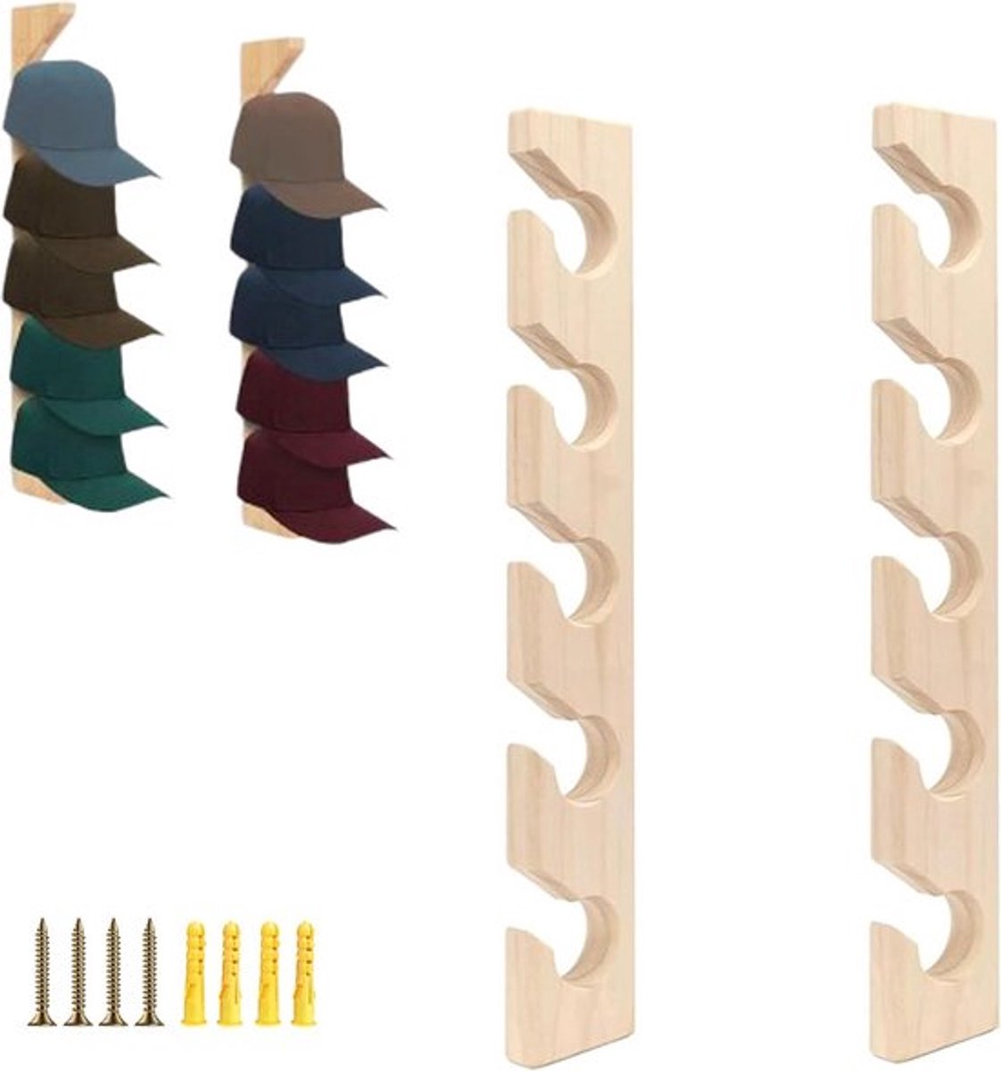 Hat Rack - 2 Pieces - Cap Rack - Cap Holder - Storage for Caps and Holders - Organizer for Caps - Coat Hook - Wall Coat Rack - Wall Hooks - Clothes Hooks - Towel Hook - Kitchen Hook - For Various Hats - Includes Screws - Image 1