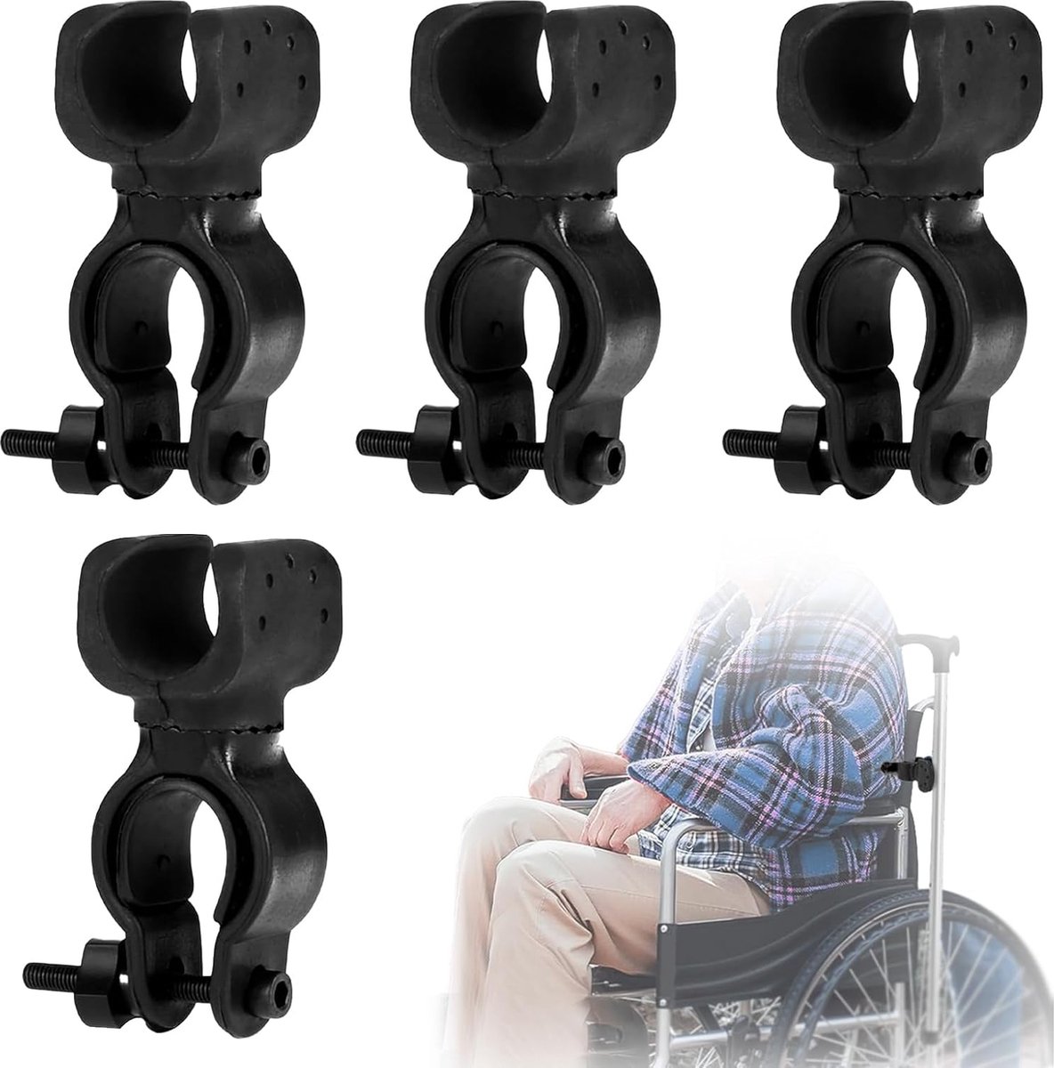 Cane Holder - Crutch Holder - 4 Pieces - For Mobility Scooter Wheelchair Bicycle Rollator - Crutch Holder - Stick Holder - Walking Stick Holder - Universal Crutch Cane Bracket - For Crutches For Mobility Scooter, Assisted Rollator, Wheelchair, Electric Sc - Image 1