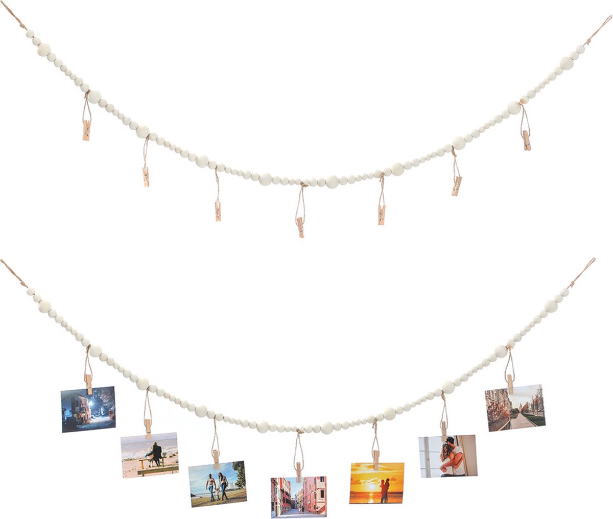 Photo Garland - Hanging Card/Photo Garland - Photo Rope 120 Cm - Photo Hanging Display With 7 Photo Clips - DIY Photo Frame - Wall Decoration - Boho Wooden Bead Hanging Photo Frames - For Hanging Photo Postcards - 2 Pieces - Image 1