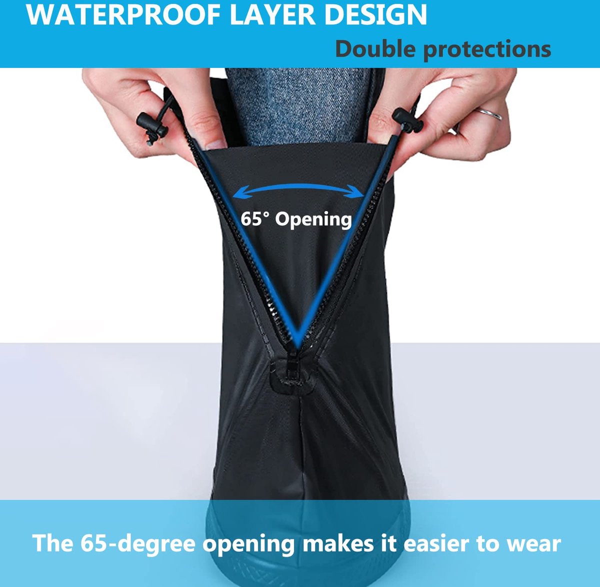 Waterproof Shoe Covers - Rain Shoe Covers - With Zipper, Drawstring and Snap - Waterproof Shoe Protectors - Motorcycle Scooter Bicycle Shoe Cover - Shoe Rain Cover - Shoe Cover - Shoe Covers - Anti-Slip - Size L 40-42 - Black - Reusable - Image 4