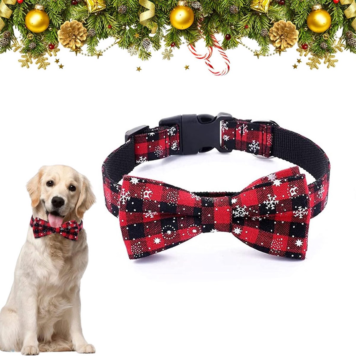 Christmas Dog Bow Tie - Festive Dog Bow Tie - Collar with Bow - Dog Collar - Red - Checkered Bowtie - Adjustable Neckline - Dog Accessories - Dog Clothing - Dogwear - Christmas - Gift - Size L - Image 1