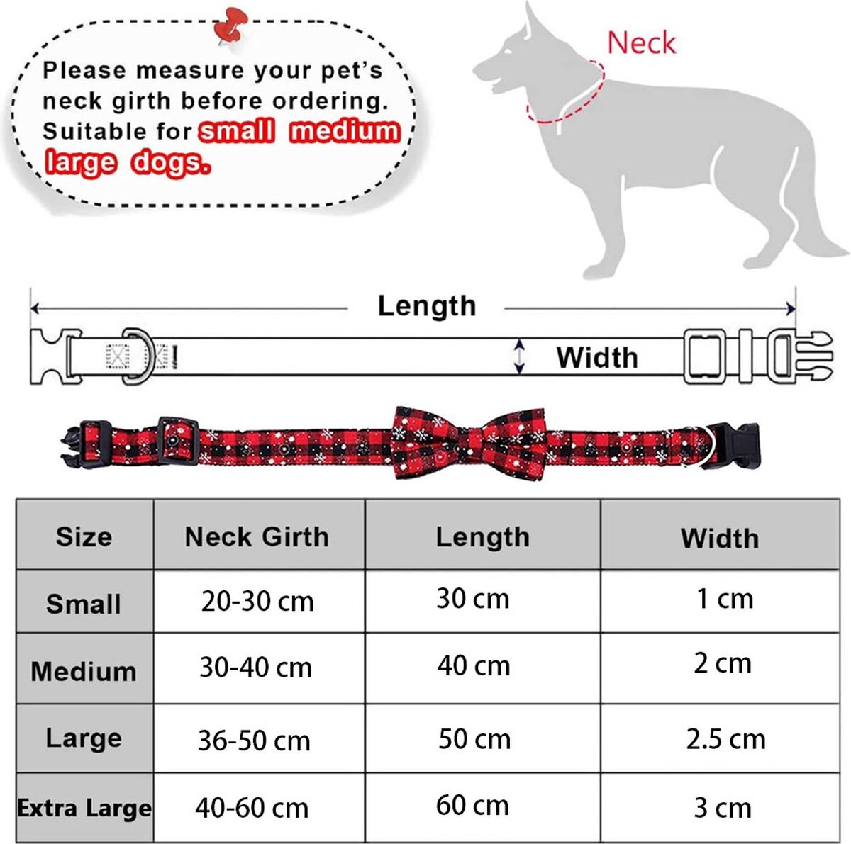 Christmas Dog Bow Tie - Festive Dog Bow Tie - Collar with Bow - Dog Collar - Red - Checkered Bowtie - Adjustable Neckline - Dog Accessories - Dog Clothing - Dogwear - Christmas - Gift - Size L - Image 2