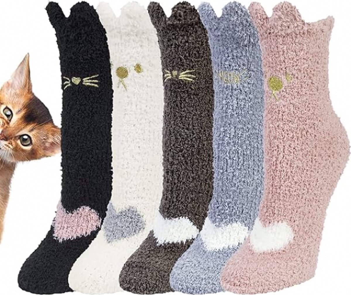 Warm Winter Socks Ladies - Set of 5 Pairs - Ladies Plush Socks - Women's Socks - House Socks - Sleep Socks - Fluffy Socks - Cat Claw - Cute Animal Socks - Birthday - Mother's Day - Gift for Woman - Thick/ Warming/ Comfortable - Christmas Gift - Image 1