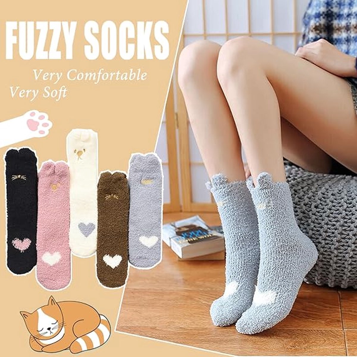 Warm Winter Socks Ladies - Set of 5 Pairs - Ladies Plush Socks - Women's Socks - House Socks - Sleep Socks - Fluffy Socks - Cat Claw - Cute Animal Socks - Birthday - Mother's Day - Gift for Woman - Thick/ Warming/ Comfortable - Christmas Gift - Image 5