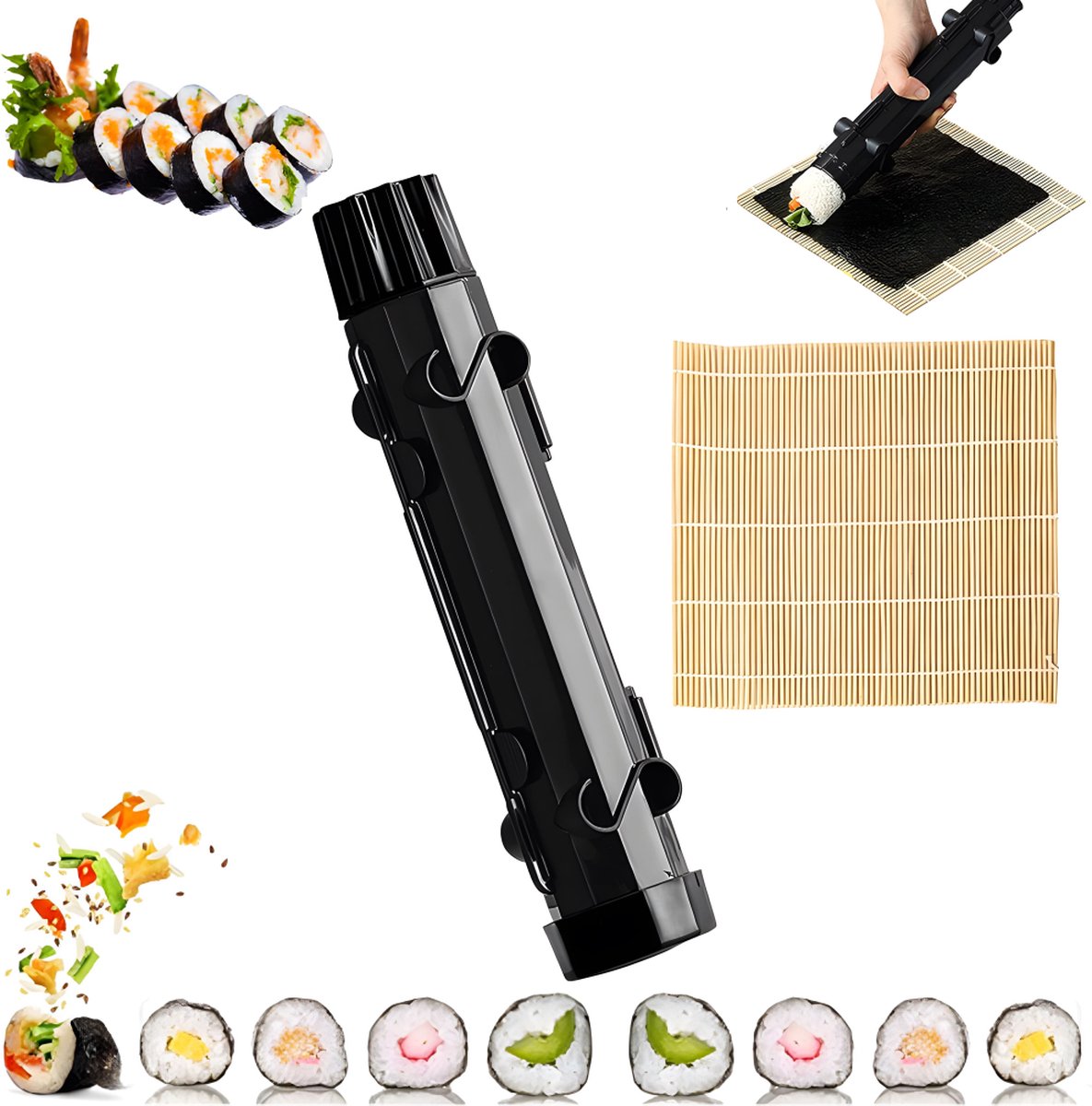 Sushi Maker Kit - Sushi Set - Sushi Maker - Sushi Roller - Sushi Bazooka - Includes Bamboo Sushi Mat - Shapes - DIY - Sushi Making - Sushi Shape - Sushi Mold - Gift - Black - Image 1