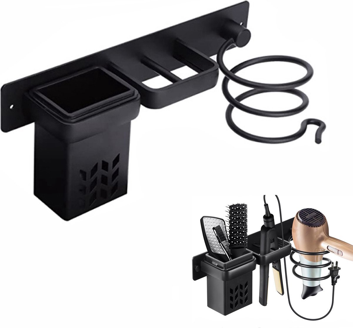 Hair Dryer Holder - With Storage Trays - Hair Dryer Holder - Hair Dryer Wall Bracket - Wall Mount - Universal - Hair Dryer Holder - Aluminum - Includes Mounting Material - Organizer For Your Hair Dryer And Straightener - Bathroom Accessories - Black - Image 1