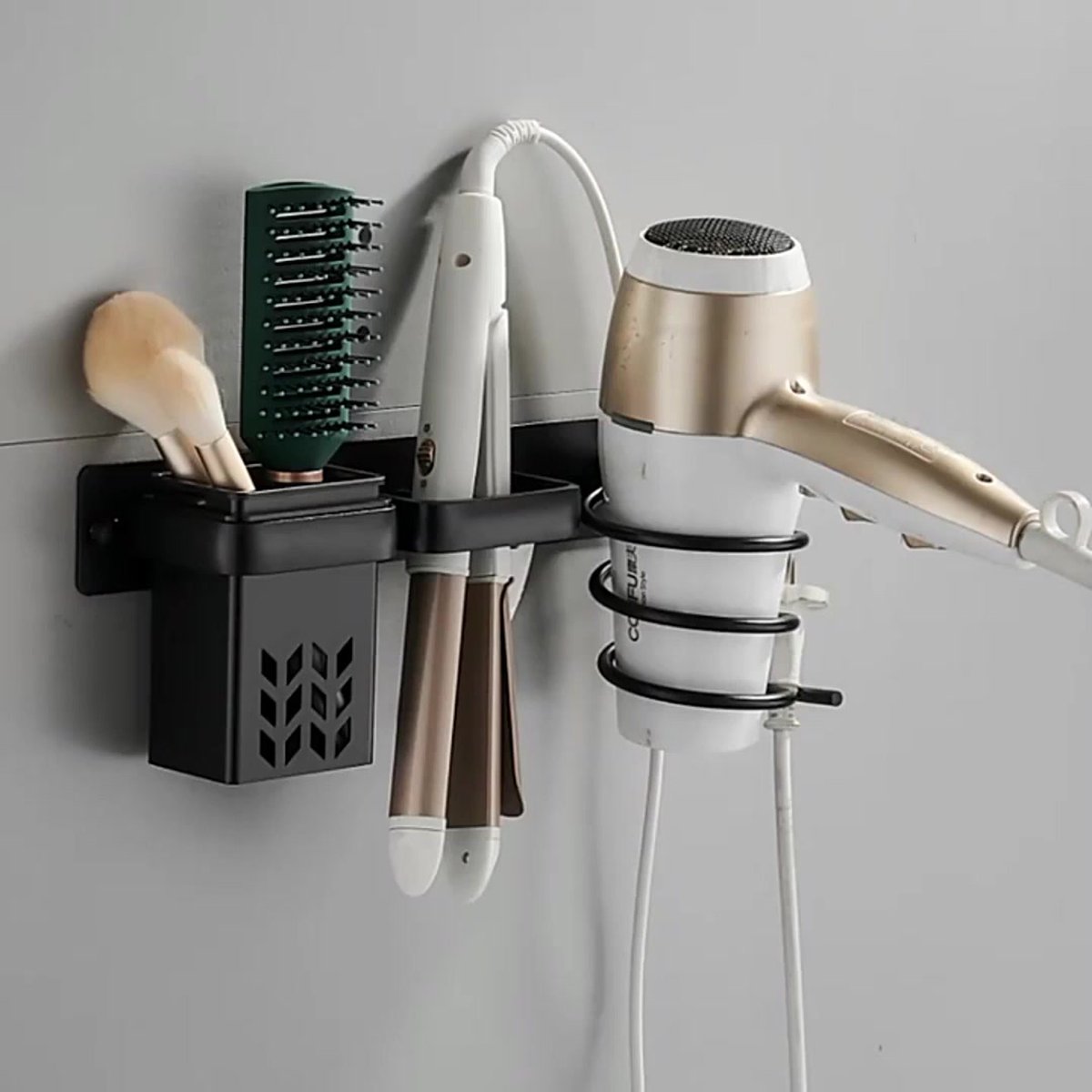 Hair Dryer Holder - With Storage Trays - Hair Dryer Holder - Hair Dryer Wall Bracket - Wall Mount - Universal - Hair Dryer Holder - Aluminum - Includes Mounting Material - Organizer For Your Hair Dryer And Straightener - Bathroom Accessories - Black - Image 2