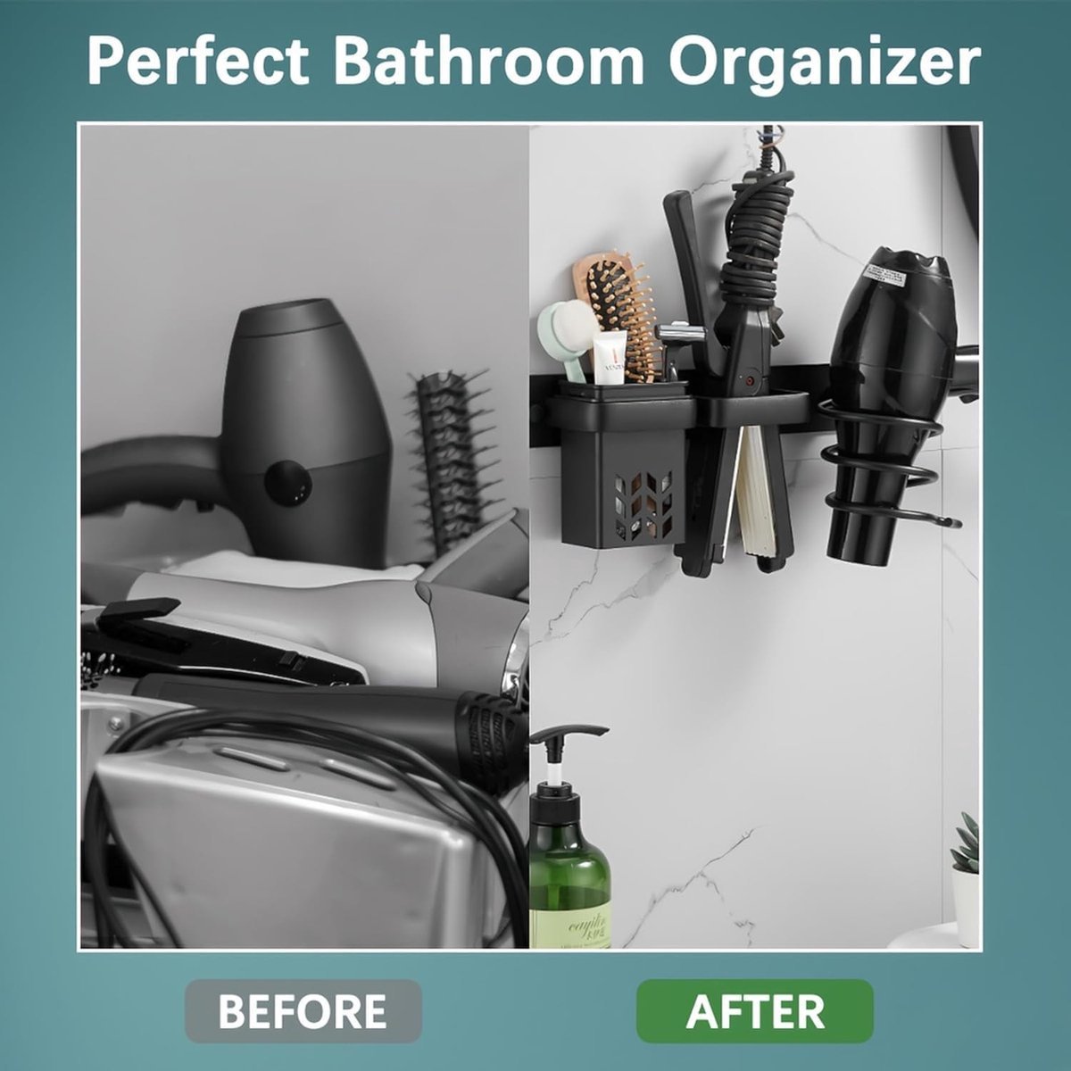 Hair Dryer Holder - With Storage Trays - Hair Dryer Holder - Hair Dryer Wall Bracket - Wall Mount - Universal - Hair Dryer Holder - Aluminum - Includes Mounting Material - Organizer For Your Hair Dryer And Straightener - Bathroom Accessories - Black - Image 4
